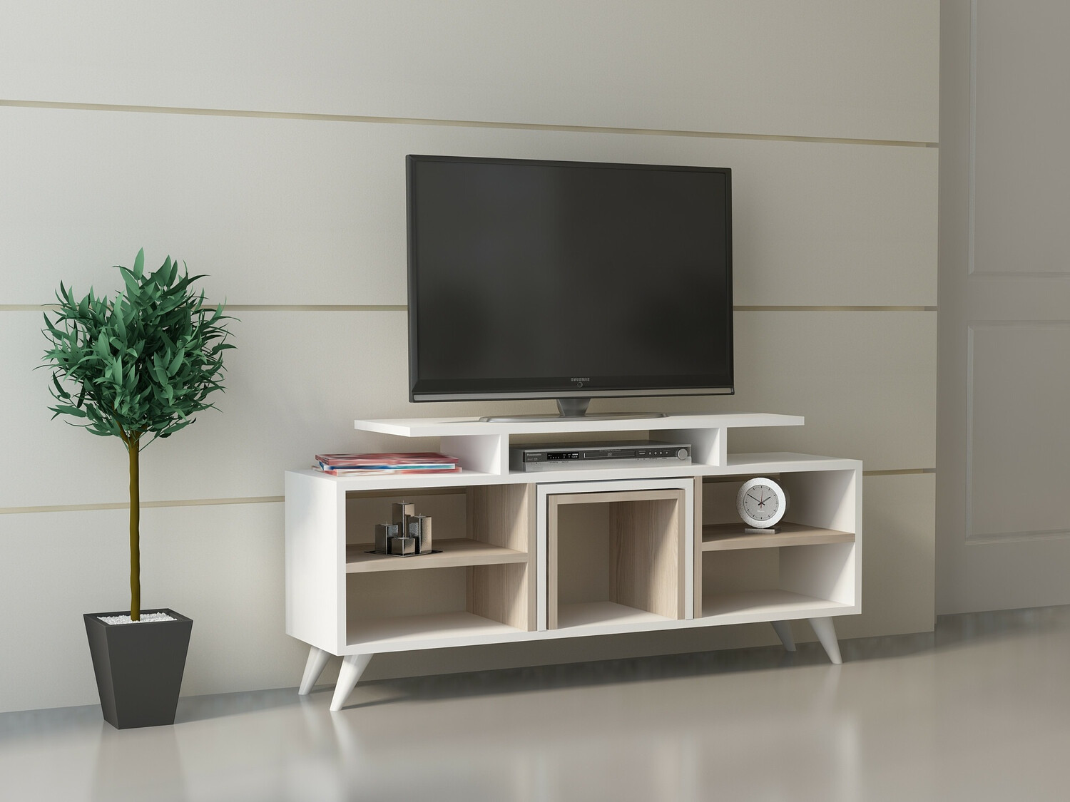 ТВ шкаф Kailua 816 (Бял + Ярък дърво)