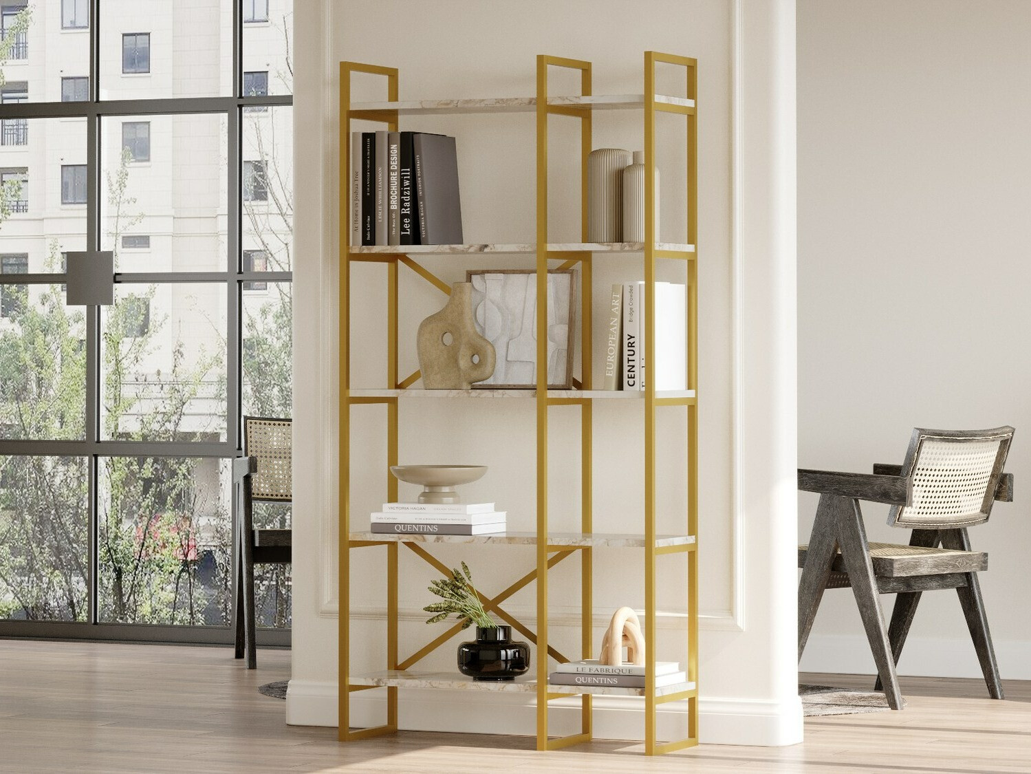 Етажерка Kailua 1082 (Бял мрамор + Златно)