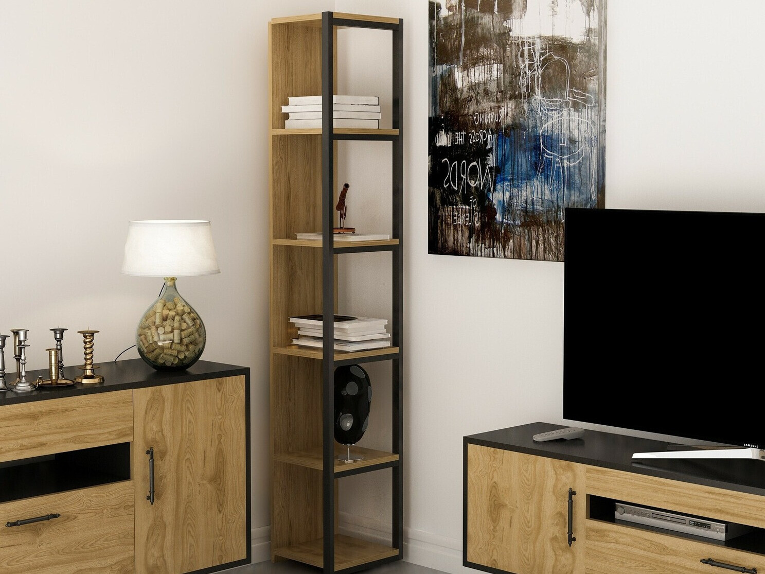 Ъглова етажерка Kailua 1077 (Дъб + Черен)