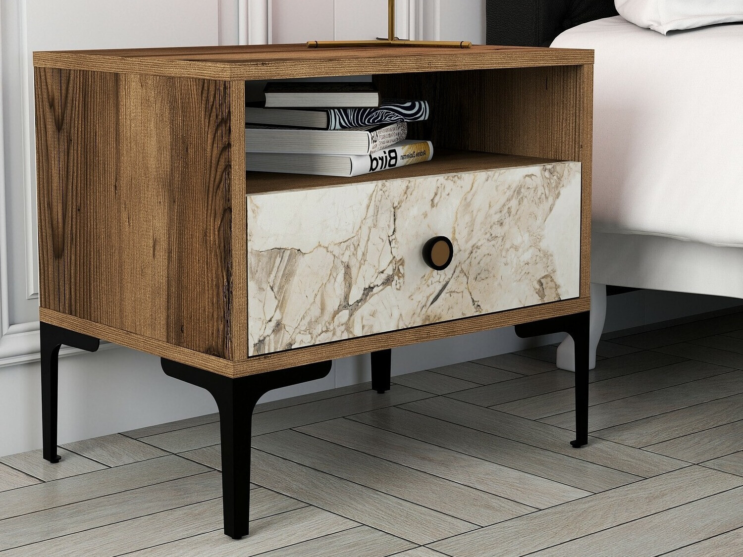 Нощно шкафче Kailua 1516 (Орех + Бял мрамор)