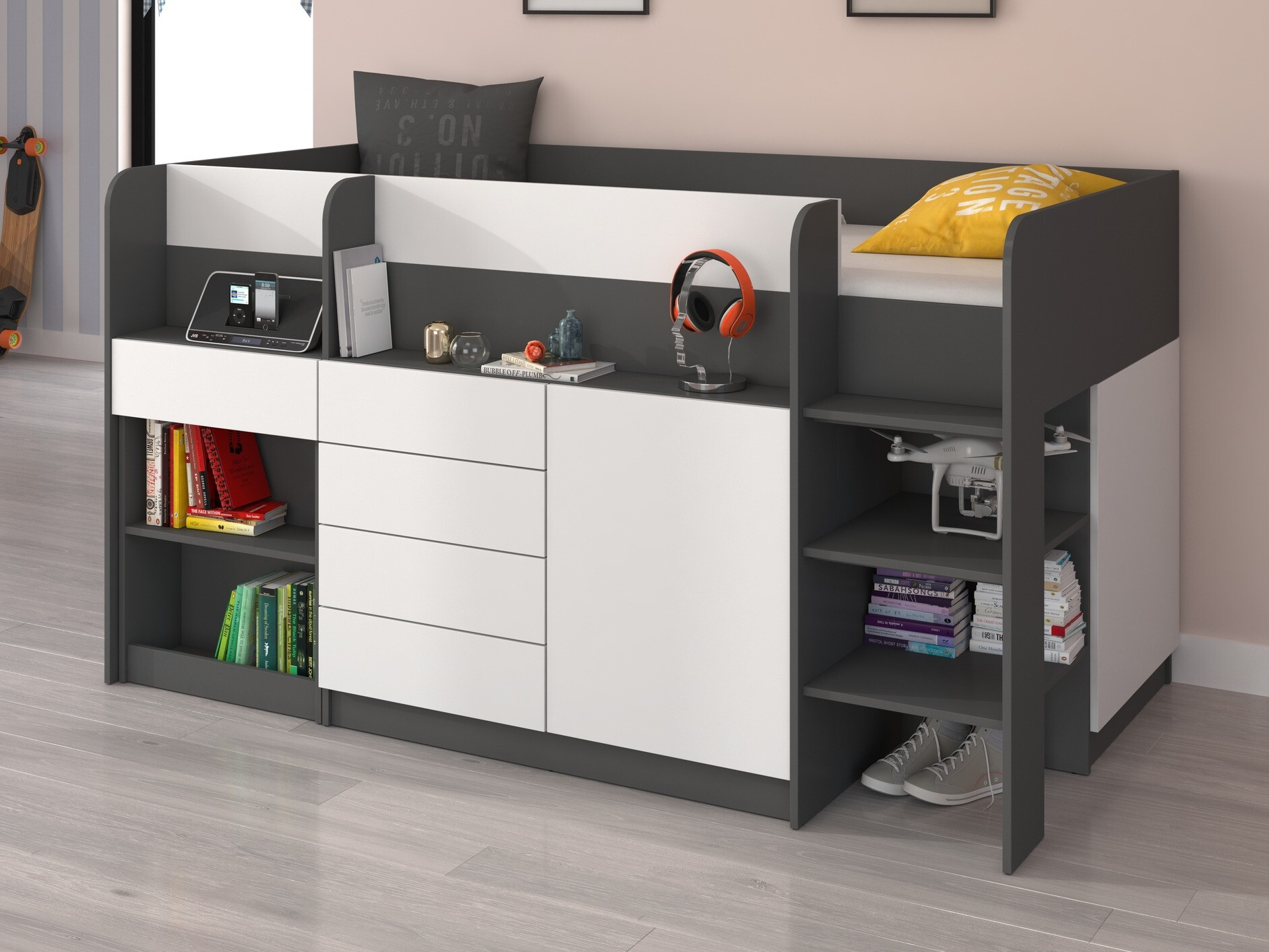 Високо легло Gilroy 116 (Графит + Бял)