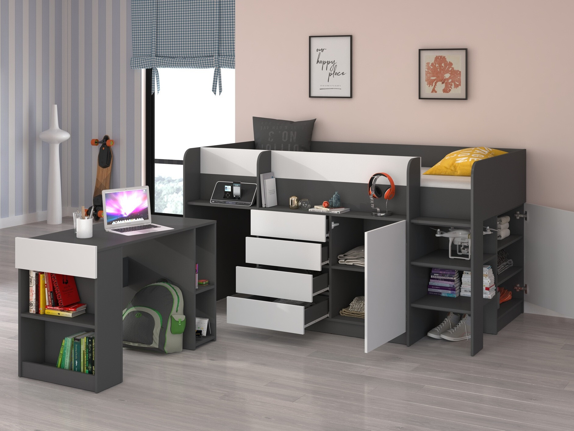 Високо легло Gilroy 116 (Графит + Бял)