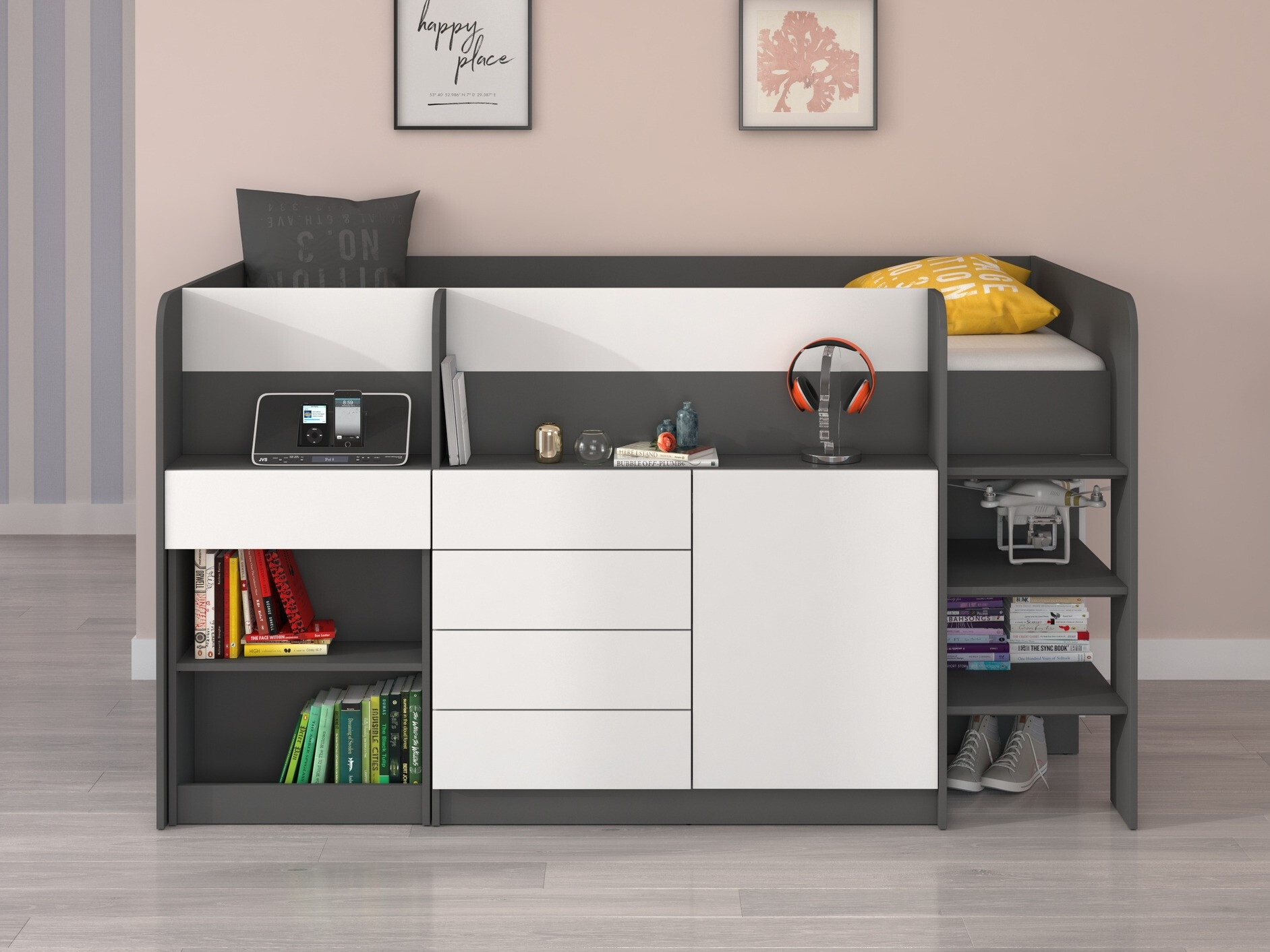 Високо легло Gilroy 116 (Графит + Бял)