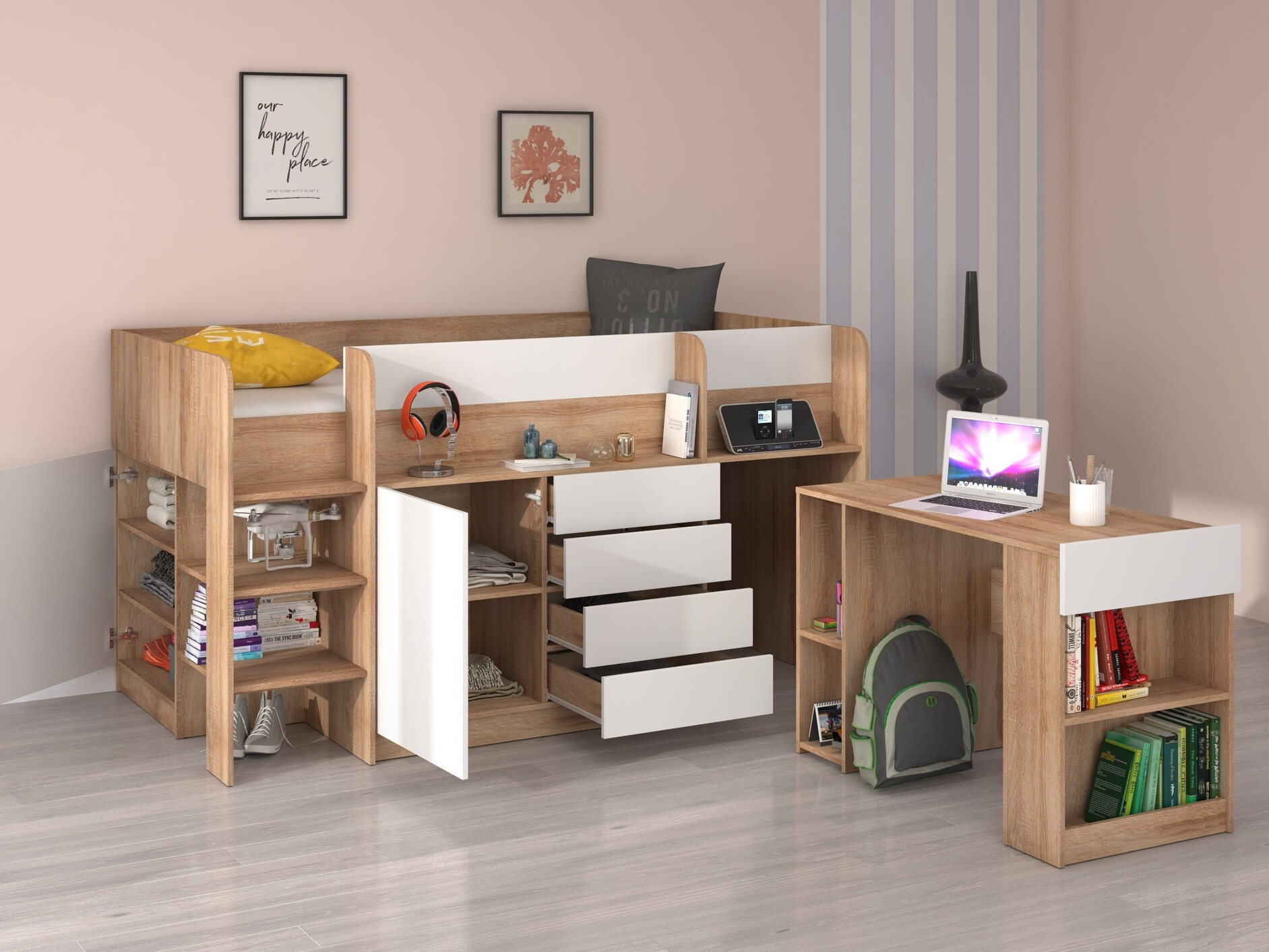 Високо легло Gilroy 116 (Сонома дъб + Бял)