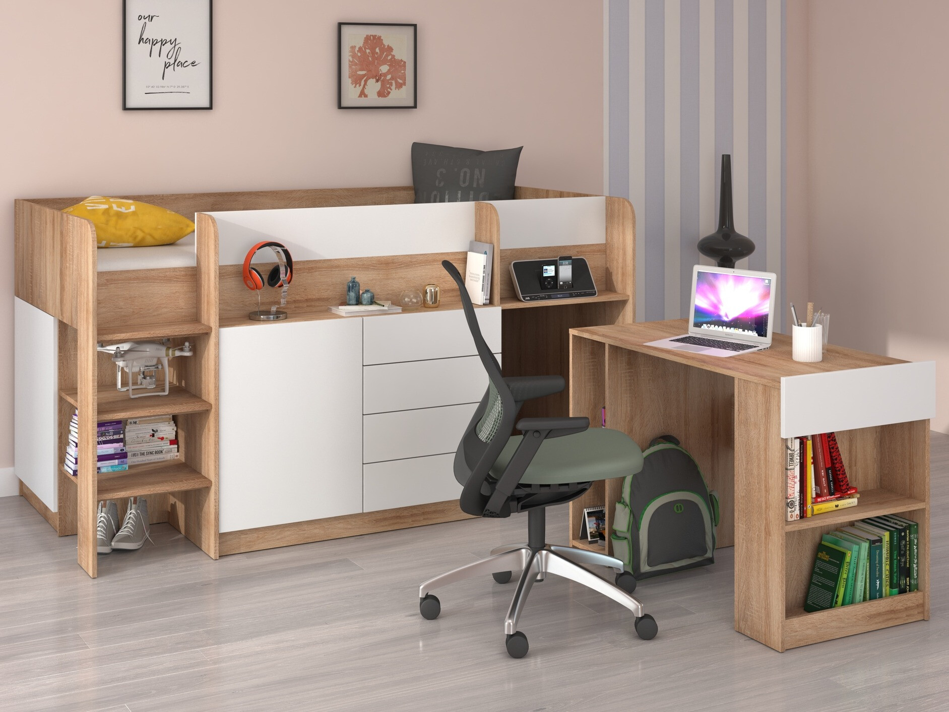 Високо легло Gilroy 116 (Сонома дъб + Бял)