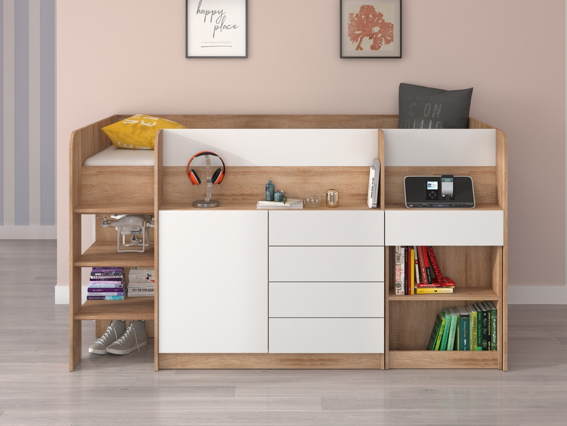 Високо легло Gilroy 116 (Сонома дъб + Бял)