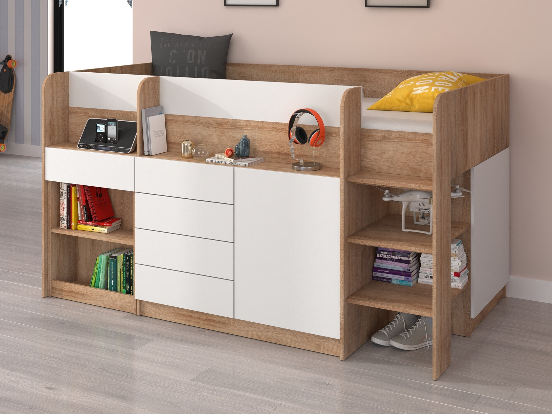 Високо легло Gilroy 116 (Сонома дъб + Бял)