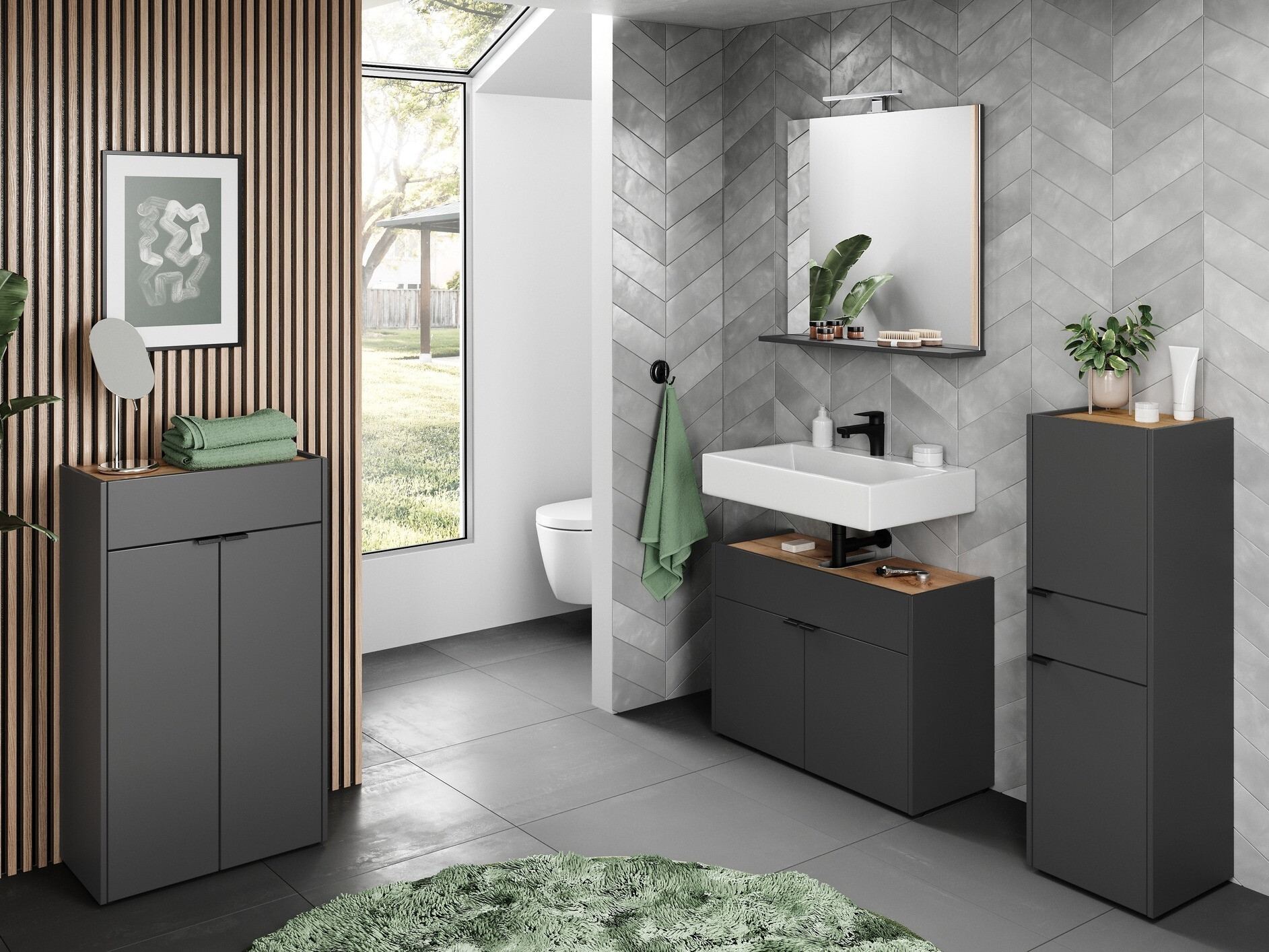 Стоящ шкаф за баня Ventei 102 (Графит + Navarra дъб)