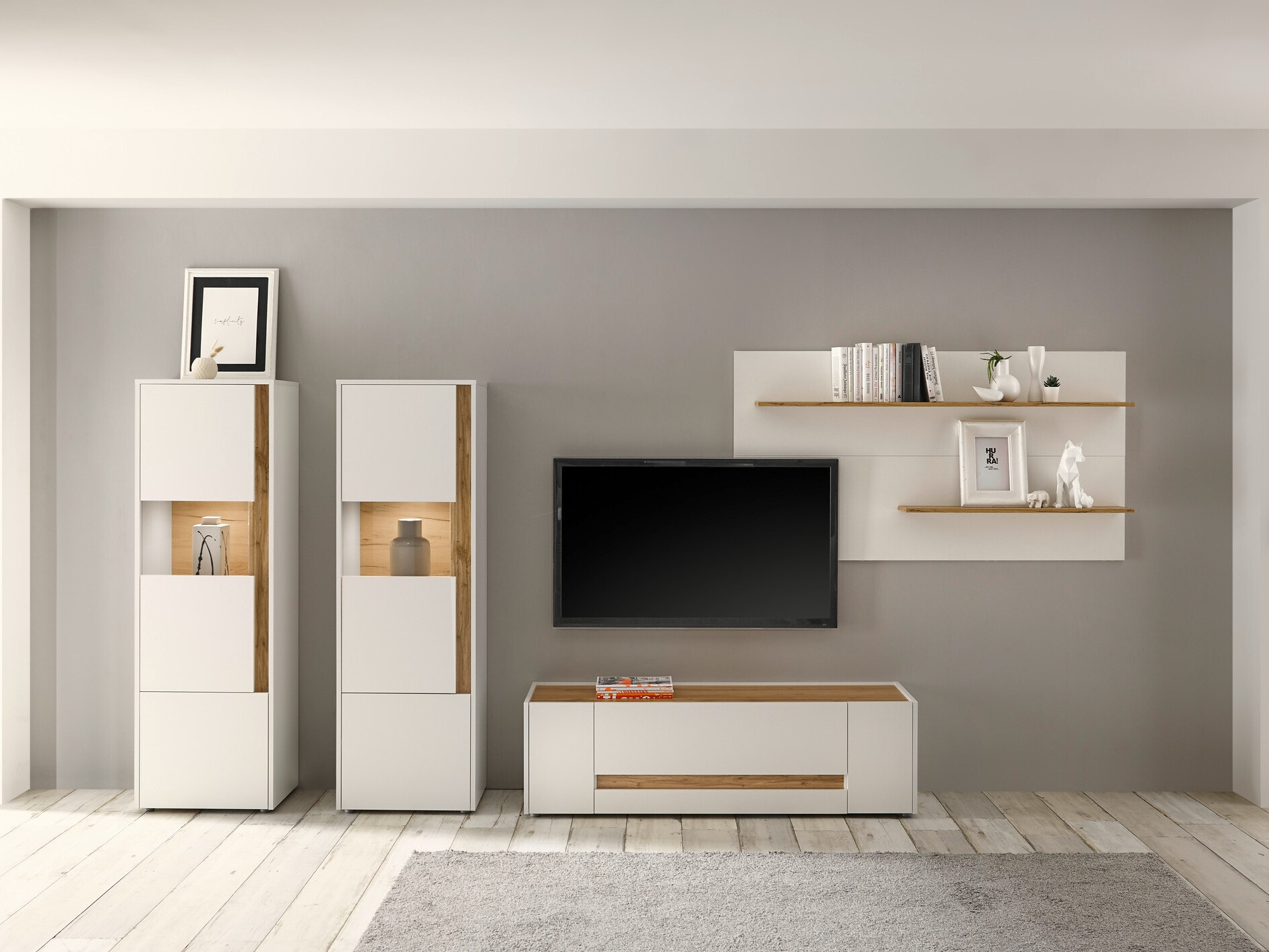 ТВ шкаф Elbsori 114 (Бял + Дъб уотан)