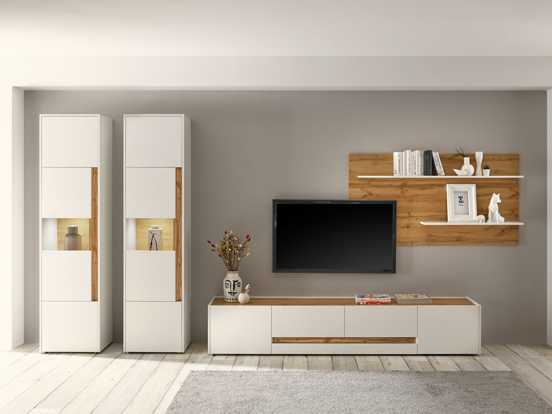 ТВ шкаф Elbsori 116 (Бял + Дъб уотан)