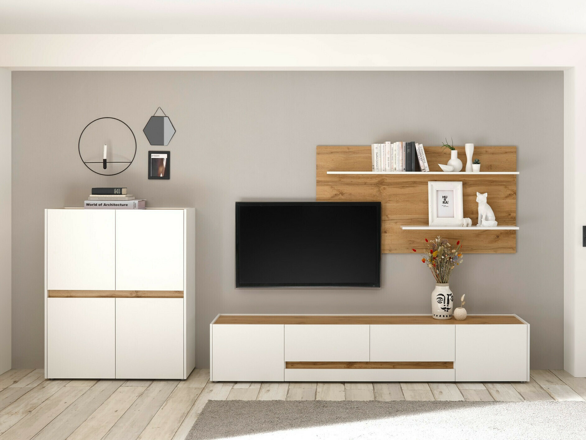 Комплект за хол Elbsori 127 (Бял + Дъб уотан)