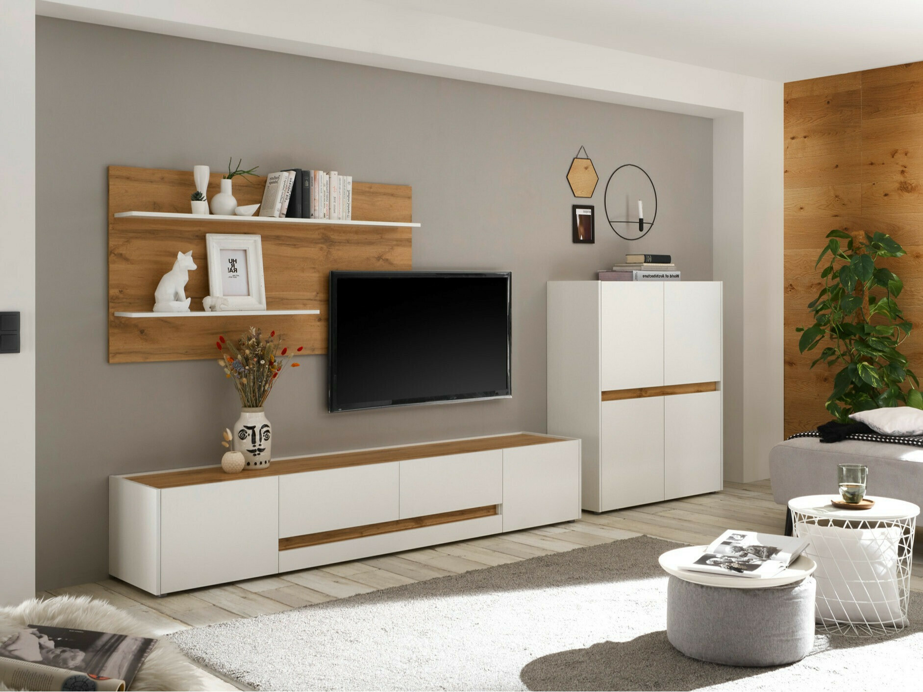 Комплект за хол Elbsori 127 (Бял + Дъб уотан)