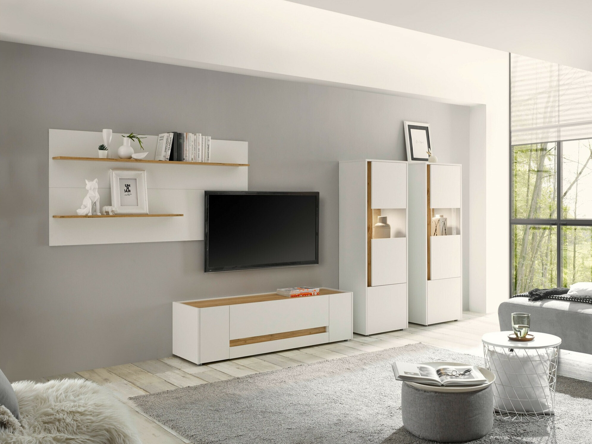 Комплект за хол Elbsori 128 (Бял + Дъб уотан)