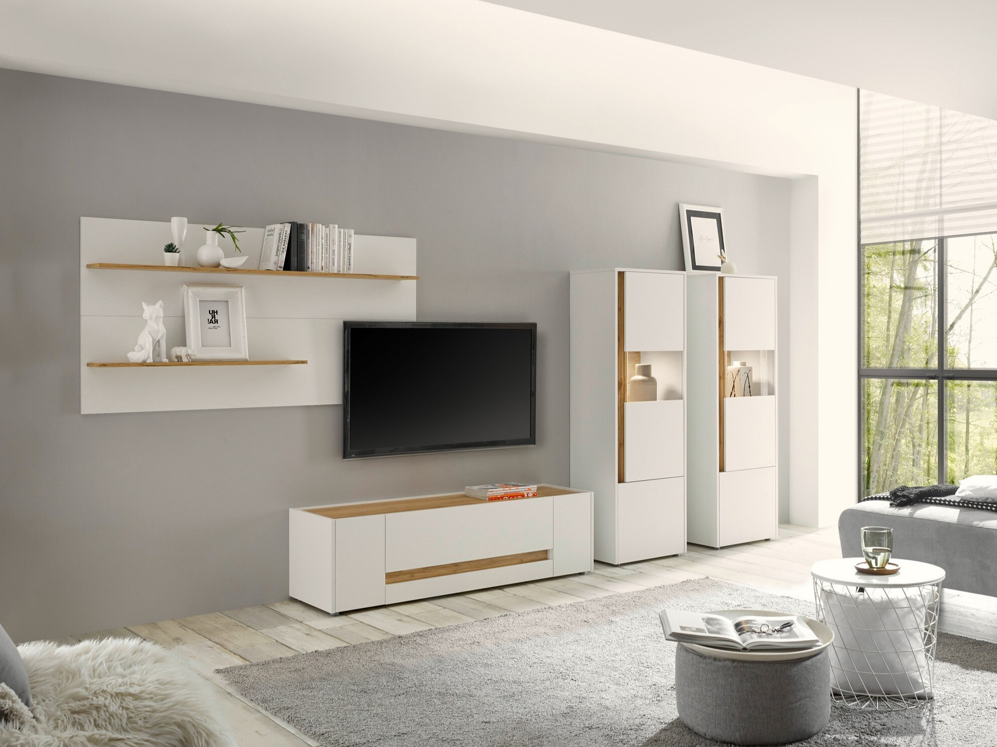 Комплект за хол Elbsori 128 (Бял + Дъб уотан)