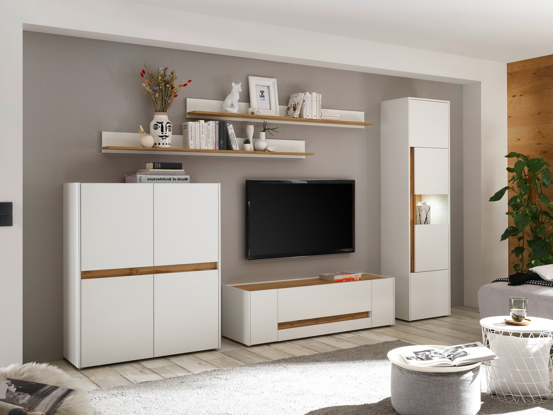 Комплект за хол Elbsori 131 (Бял + Дъб уотан)