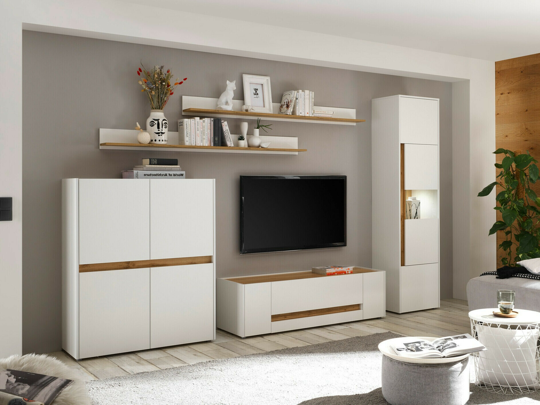 Комплект за хол Elbsori 131 (Бял + Дъб уотан)