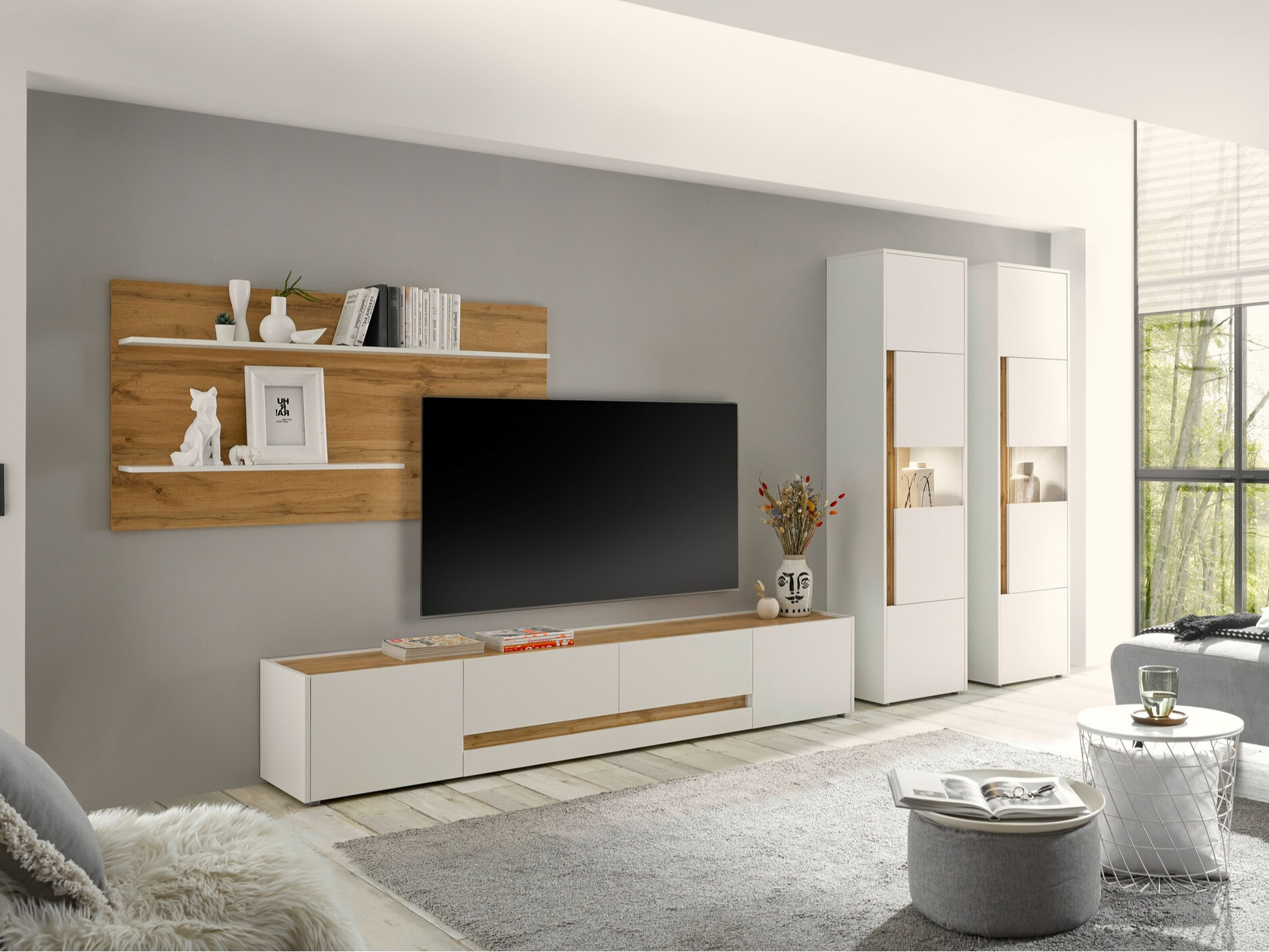 Комплект за хол Elbsori 132 (Бял + Дъб уотан)