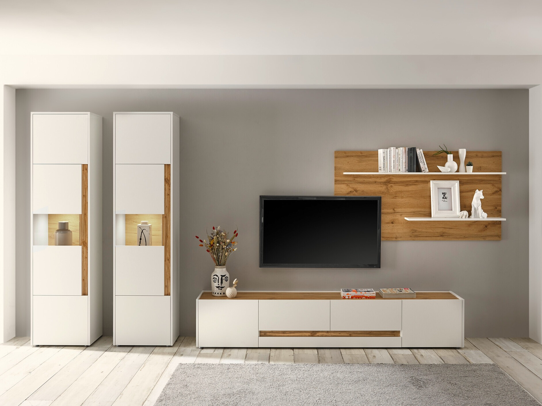 Комплект за хол Elbsori 132 (Бял + Дъб уотан)