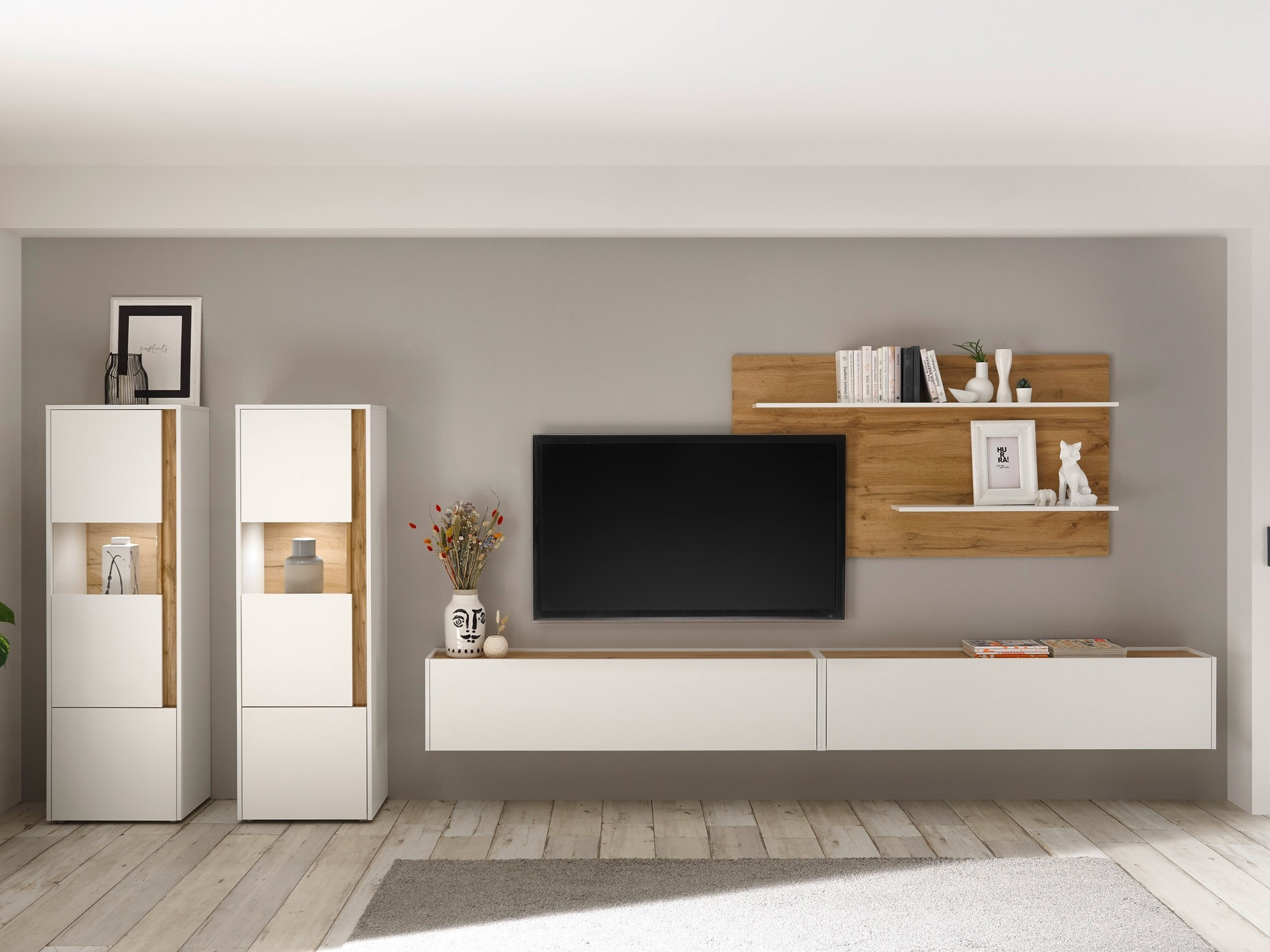 Комплект за хол Elbsori 135 (Бял + Дъб уотан)