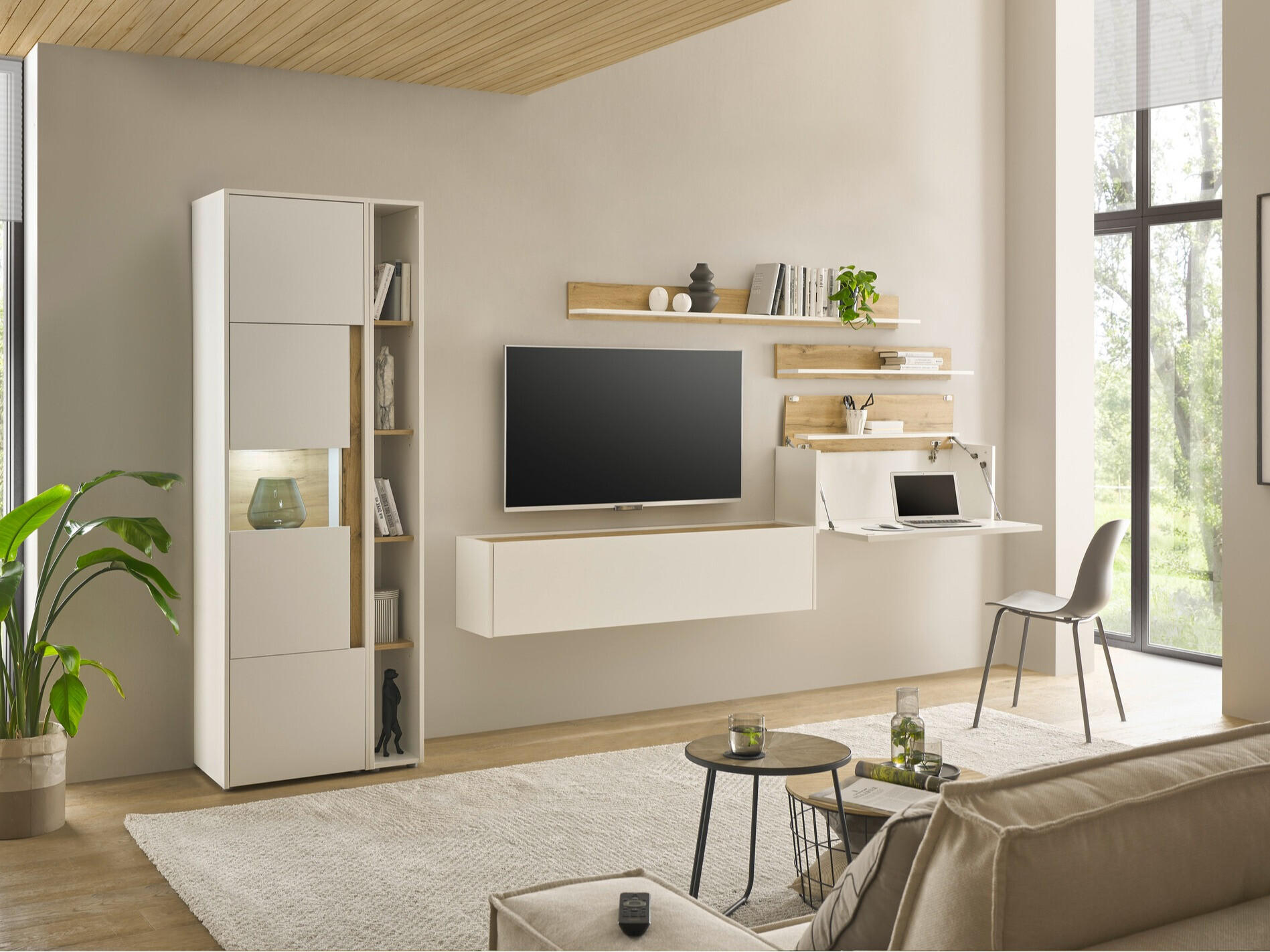 Комплект за хол Elbsori 140 (Бял + Дъб уотан)