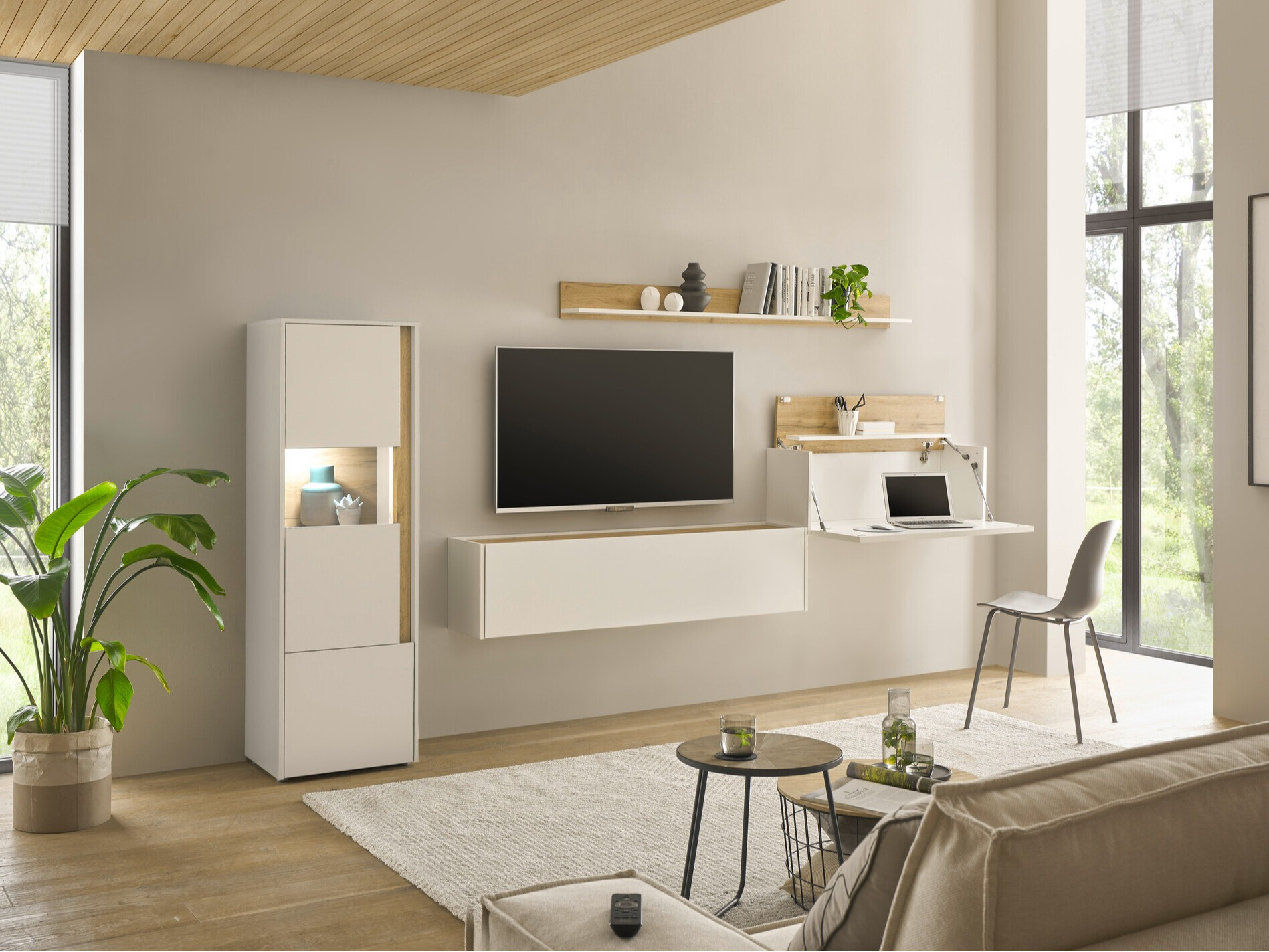 Комплект за хол Elbsori 141 (Бял + Дъб уотан)