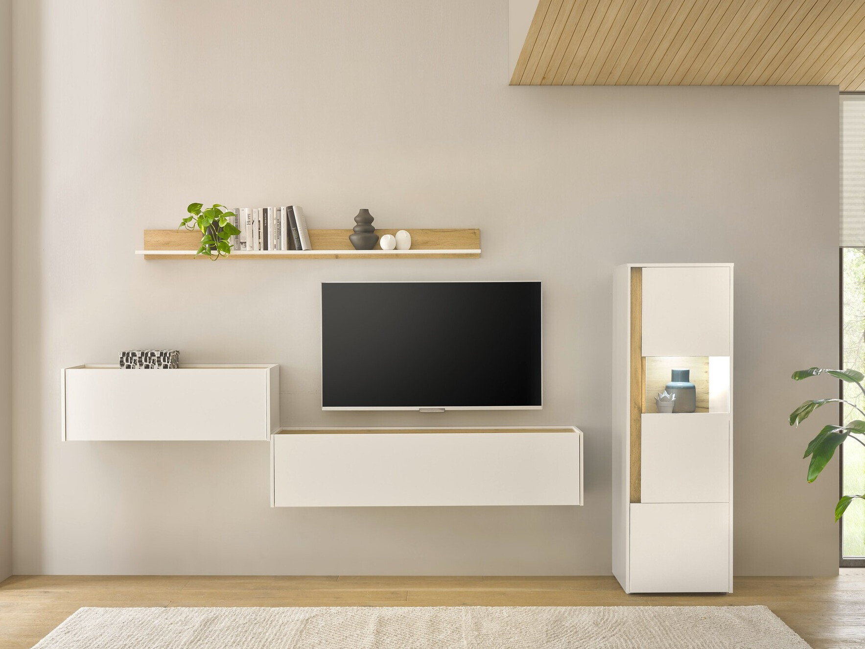 Комплект за хол Elbsori 141 (Бял + Дъб уотан)