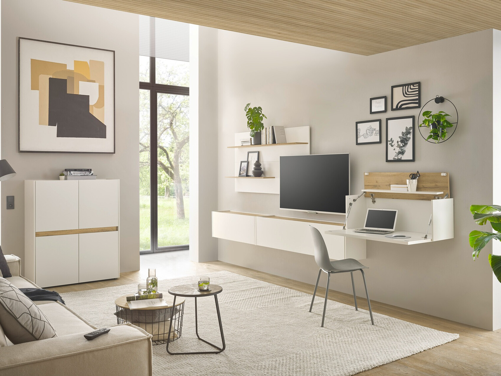 Комплект за хол Elbsori 147 (Бял + Дъб уотан)