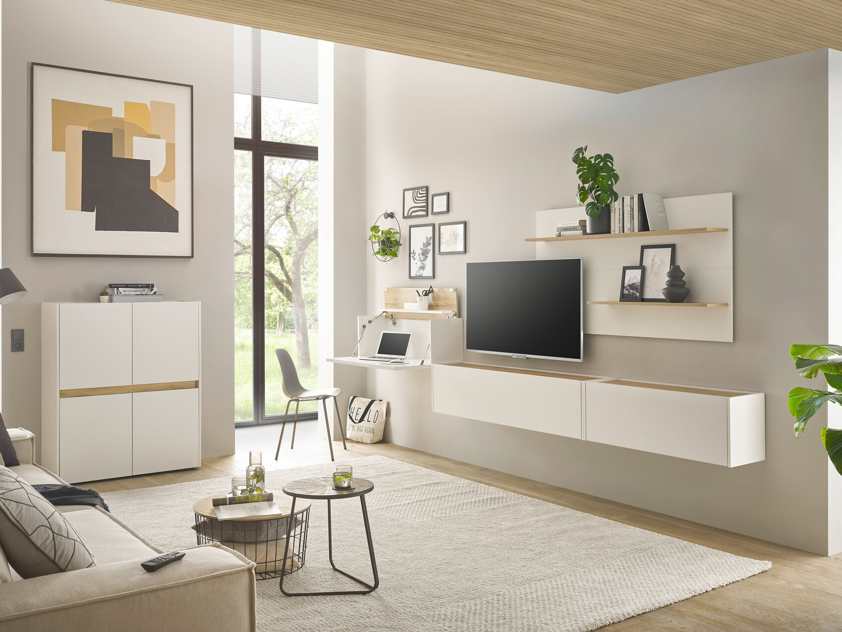 Комплект за хол Elbsori 147 (Бял + Дъб уотан)