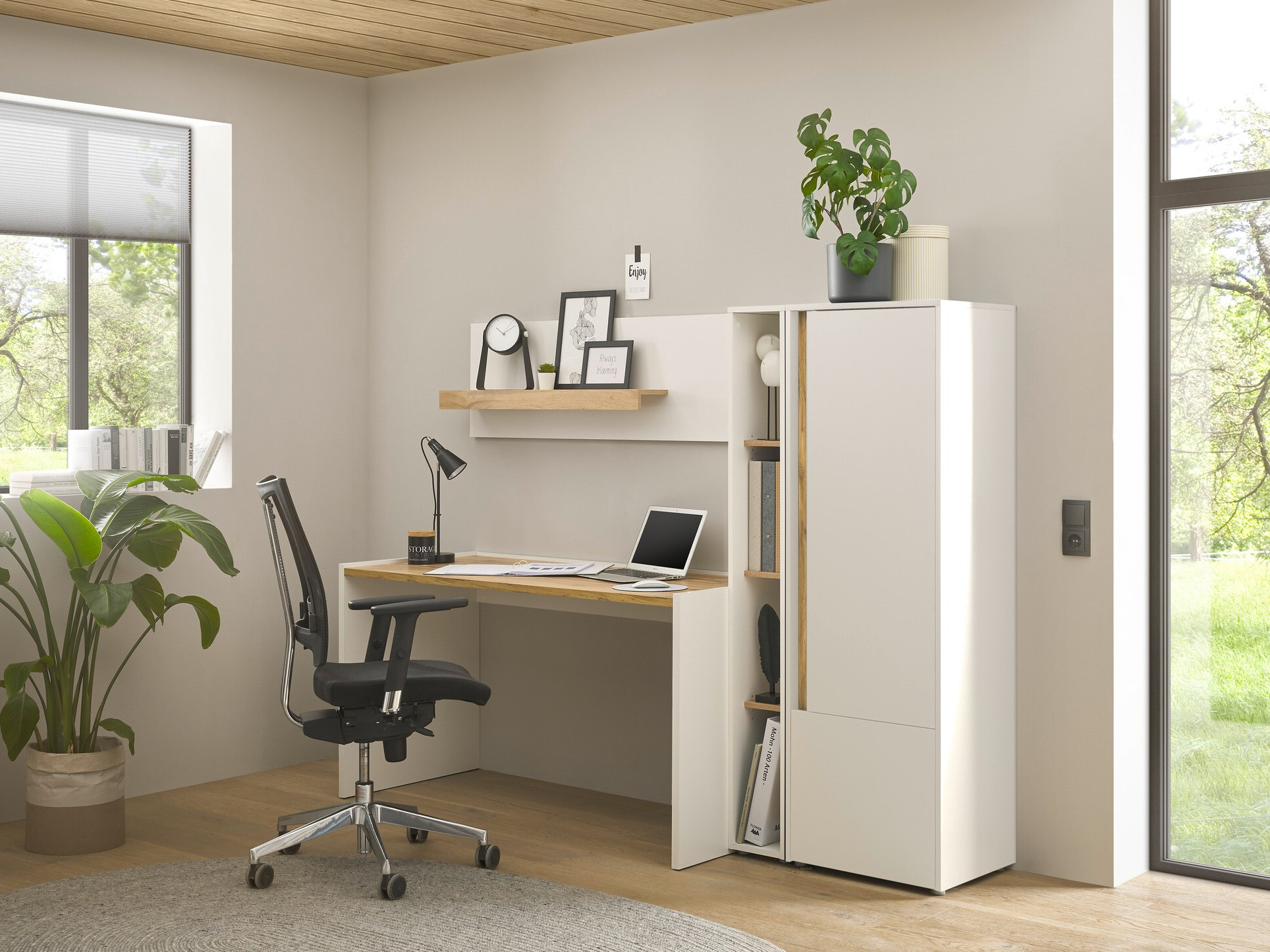 Комплект за домашен офис Elbsori 154 (Бял + Дъб уотан)