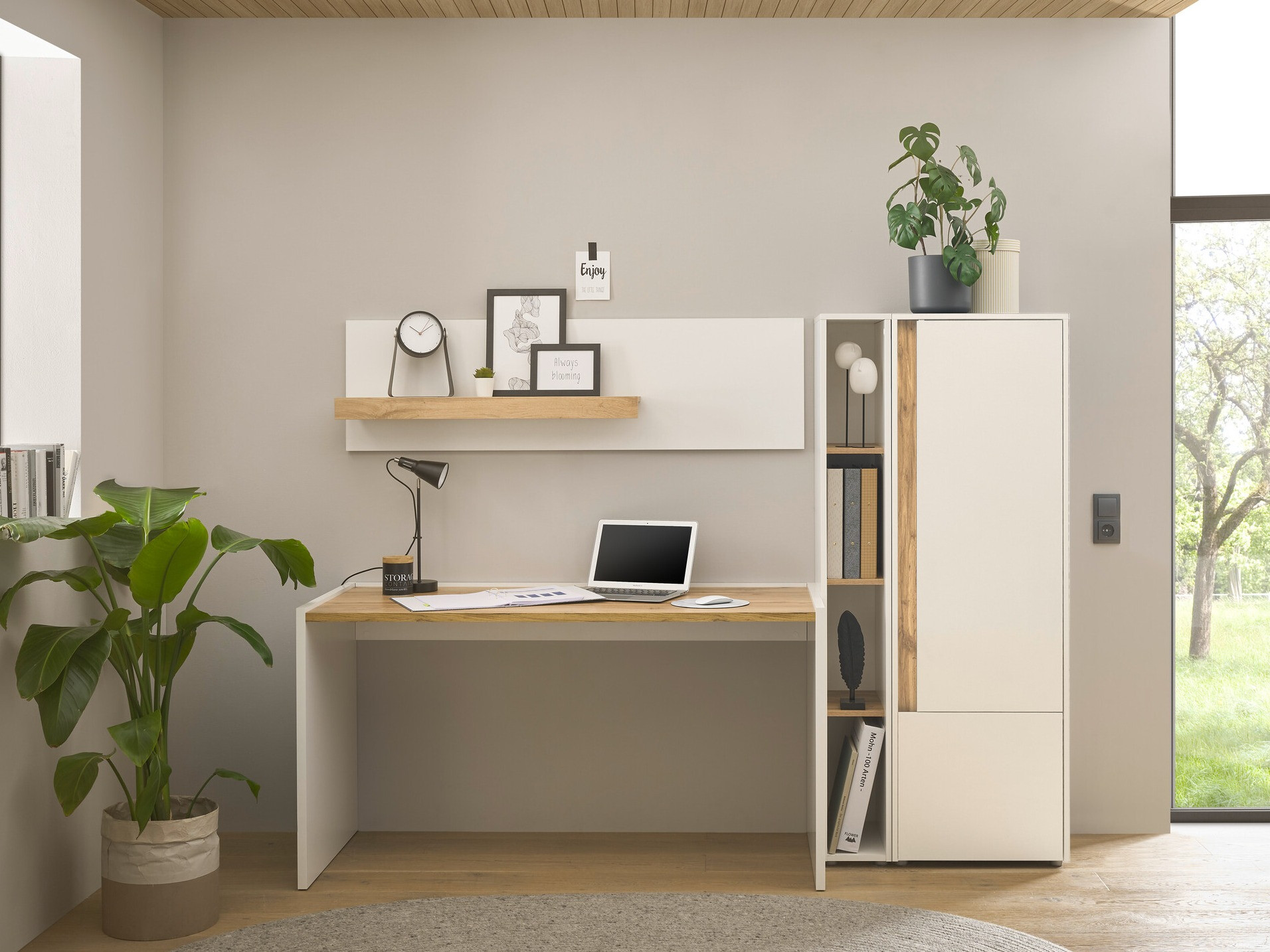 Комплект за домашен офис Elbsori 154 (Бял + Дъб уотан)