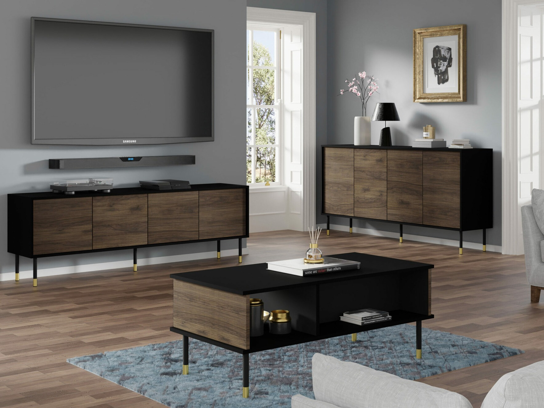 Комплект за хол Romtole 103 (Черен + Тъмен дъб)