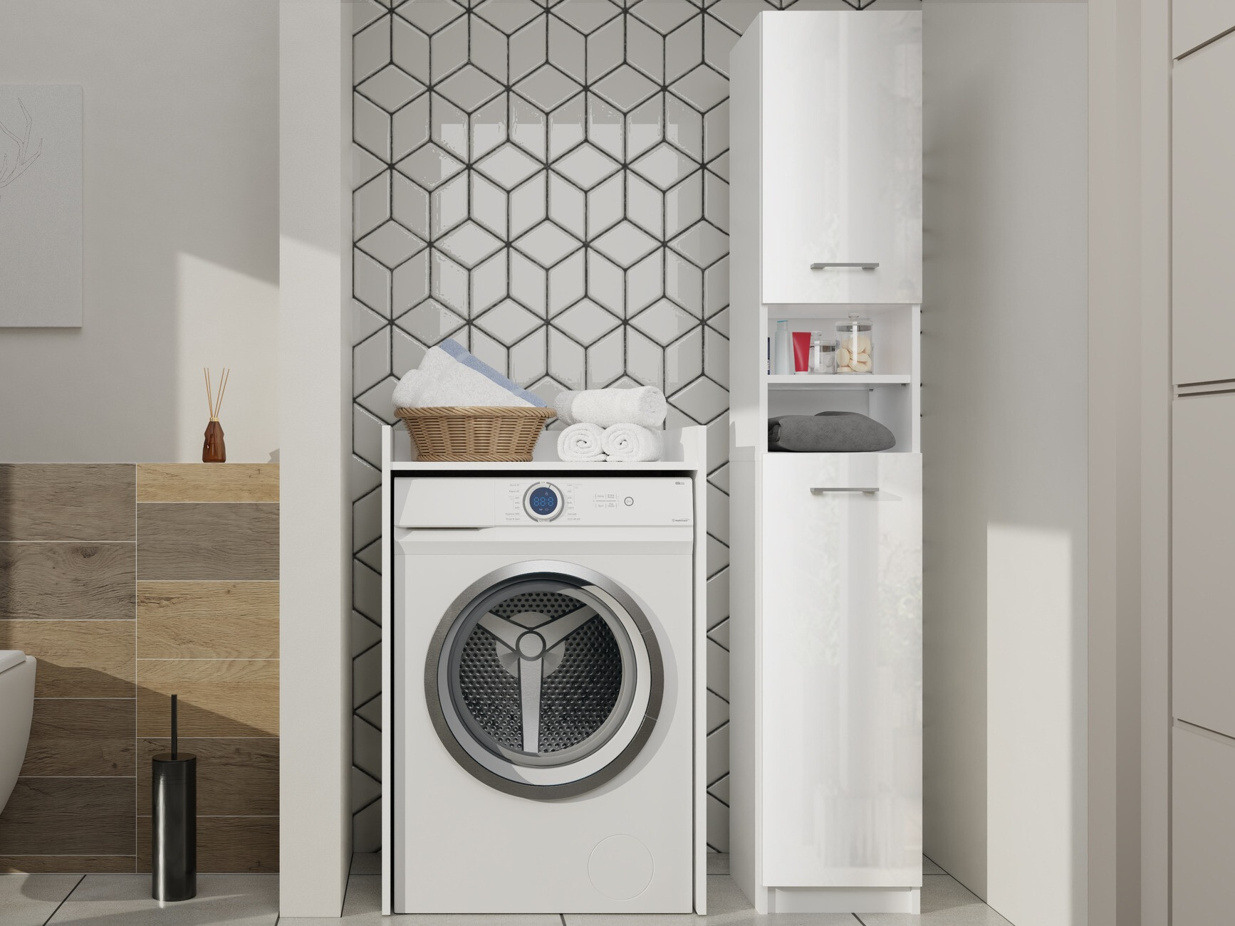 Стоящ шкаф за баня Mandeville 152 (Бял + Бял gloss)