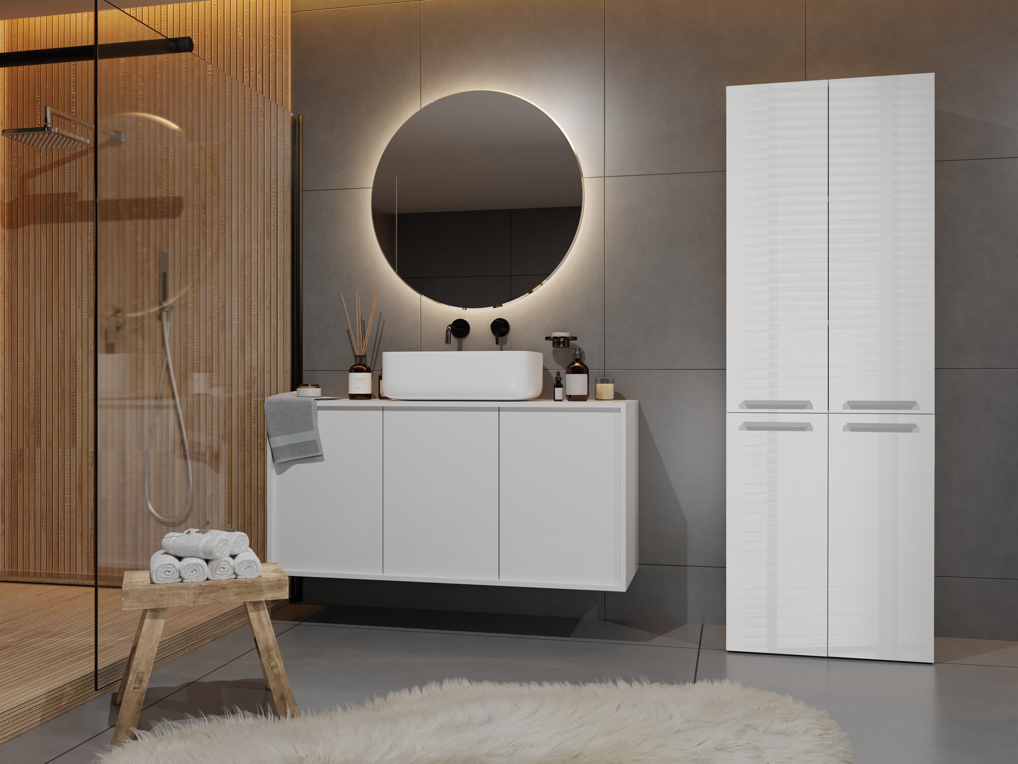 Стоящ шкаф за баня Nolmaru 100 (Бял + Бял гланц)