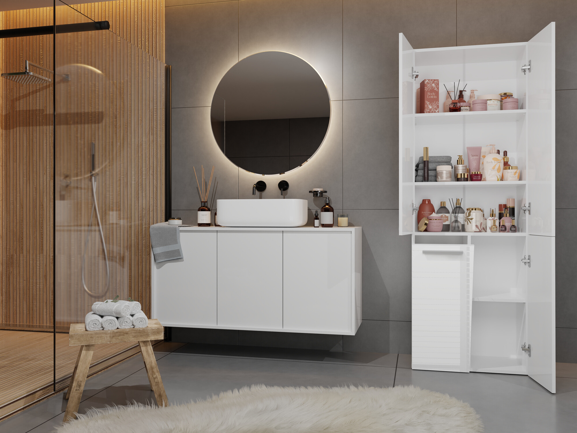 Стоящ шкаф за баня Nolmaru 100 (Бял + Бял гланц)