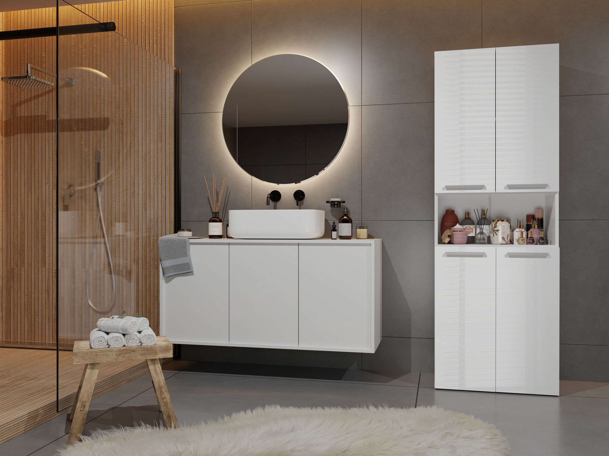 Стоящ шкаф за баня Nolmaru 101 (Бял + Бял гланц)