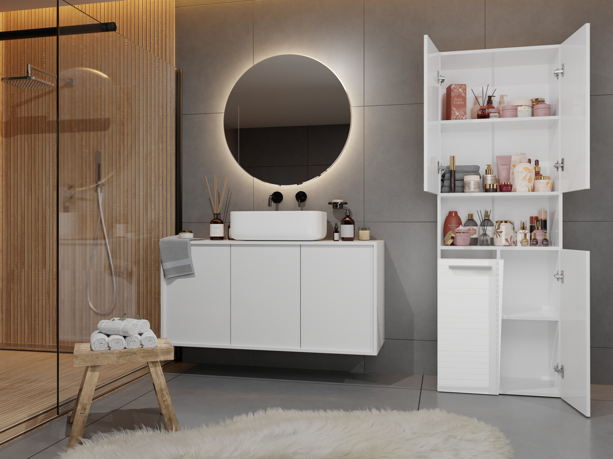 Стоящ шкаф за баня Nolmaru 101 (Бял + Бял гланц)