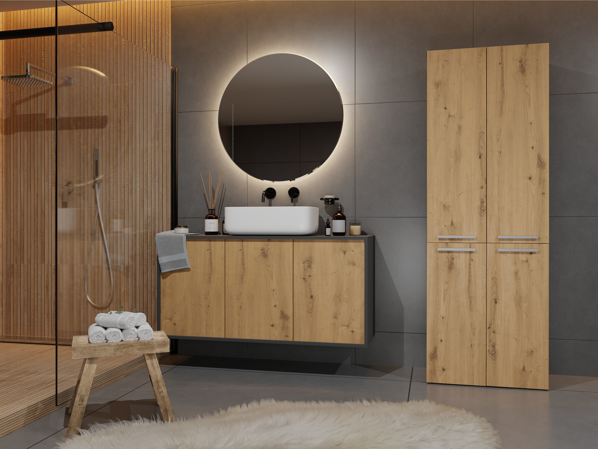 Стоящ шкаф за баня Nolmaru 102 (Антрацит + Artisan дъб)