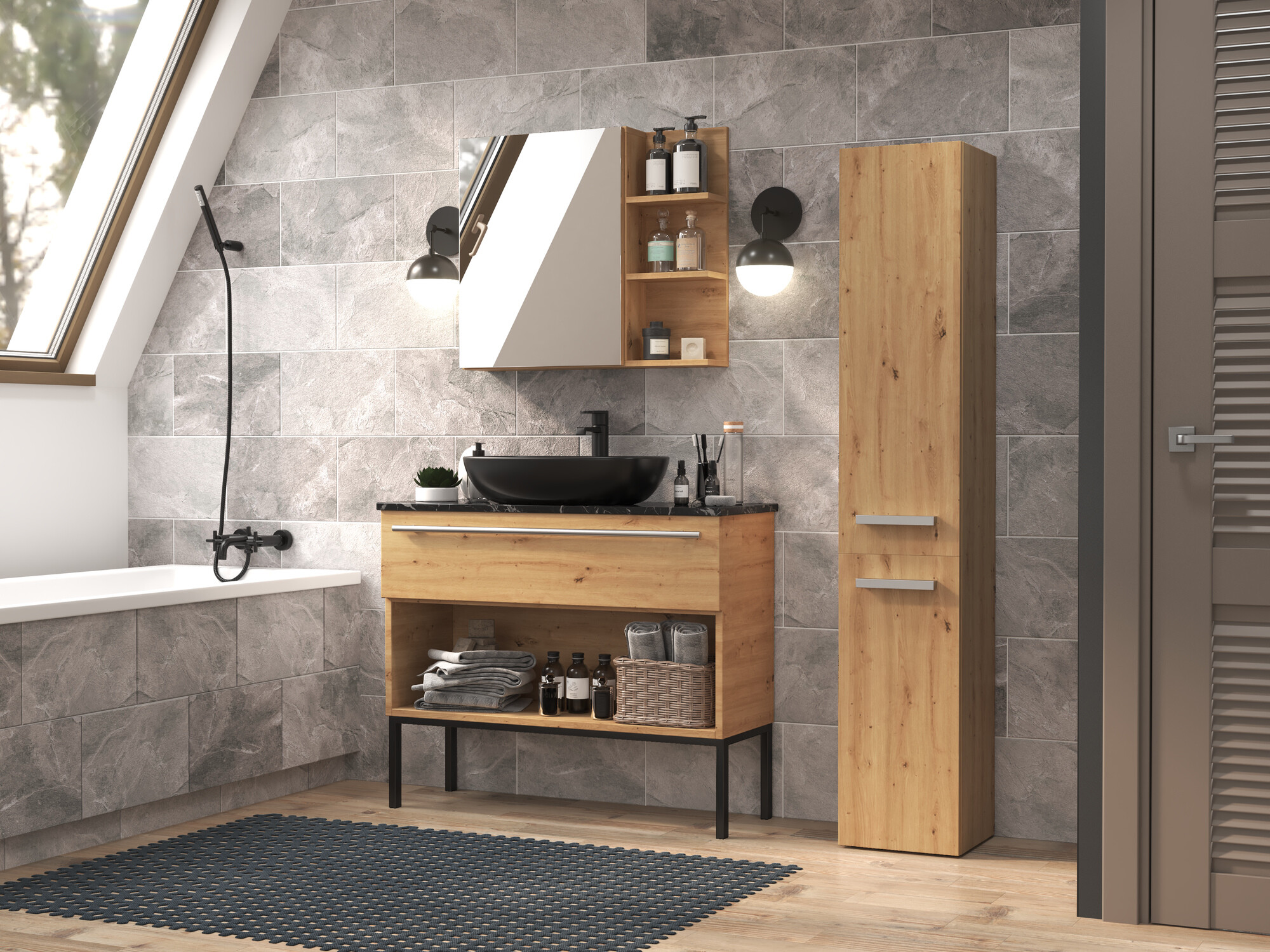 Стоящ шкаф за баня Nolmaru 107 (Artisan дъб)