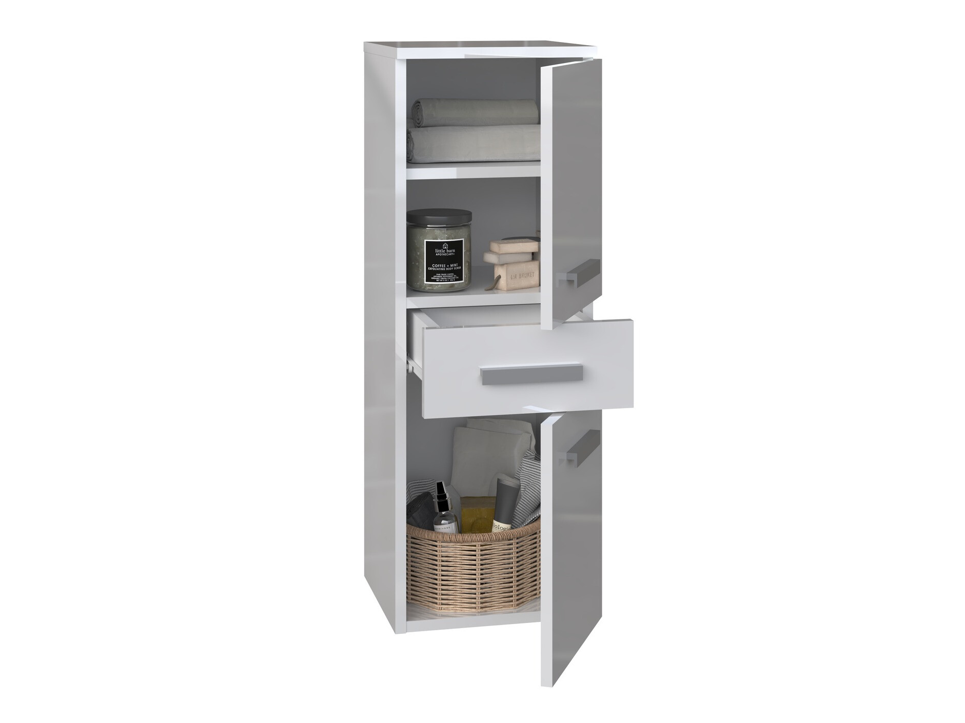 Стоящ шкаф за баня Nolmaru 108 (Бял + Бял гланц)