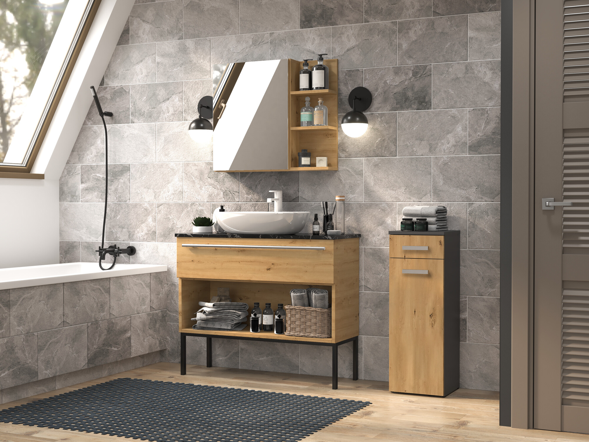 Стоящ шкаф за баня Nolmaru 109 (Антрацит + Artisan дъб)