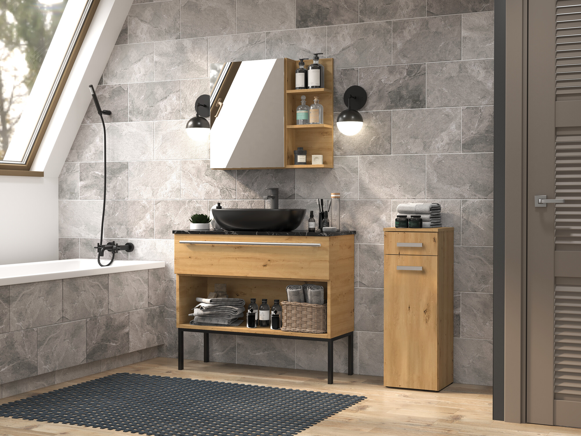 Стоящ шкаф за баня Nolmaru 109 (Artisan дъб)