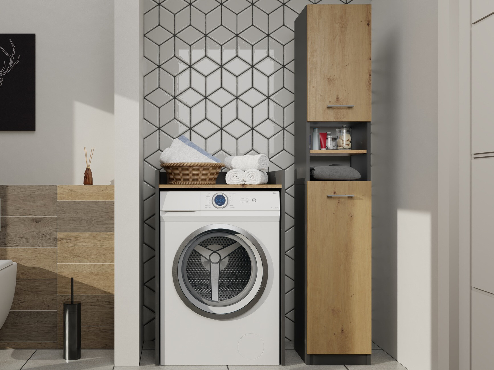 Стоящ шкаф за баня Balelbo 102 (Антрацит + Artisan дъб)