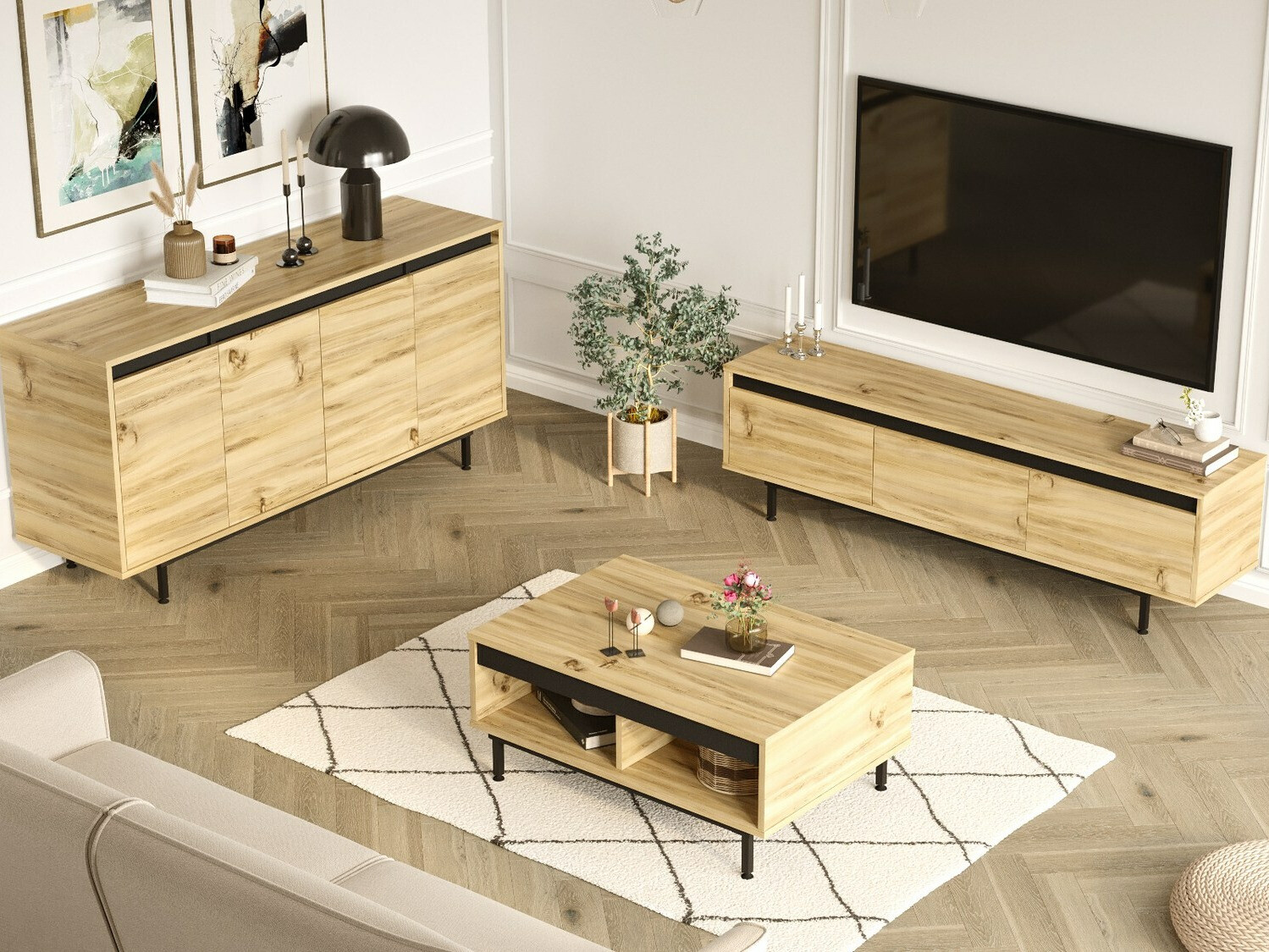 Комплект за хол Kailua AF104 (Дъб + Черен) - Мебели за хол | Mebeli.bg