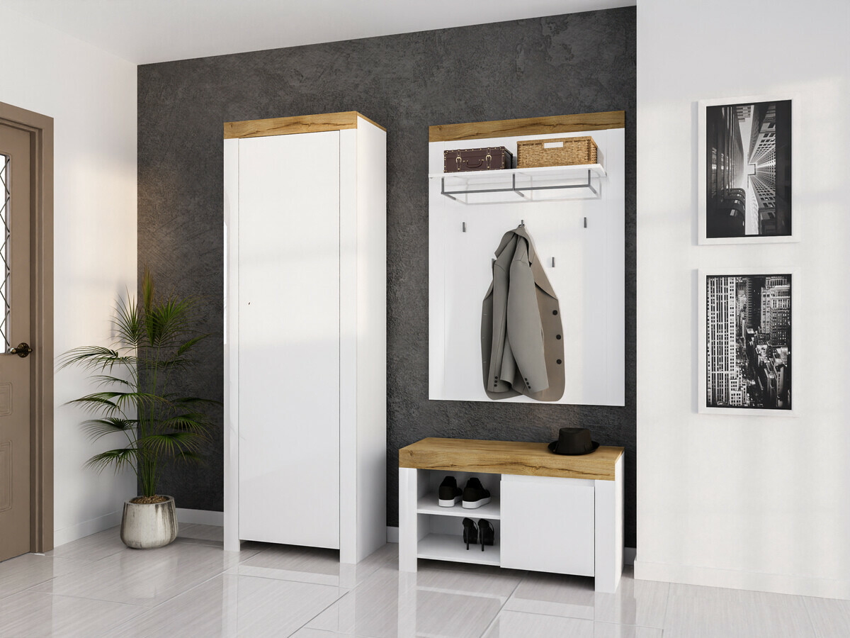 Шкаф за обувки Sonsoru 118 (Бял + Бял гланц + Дъб уотан)