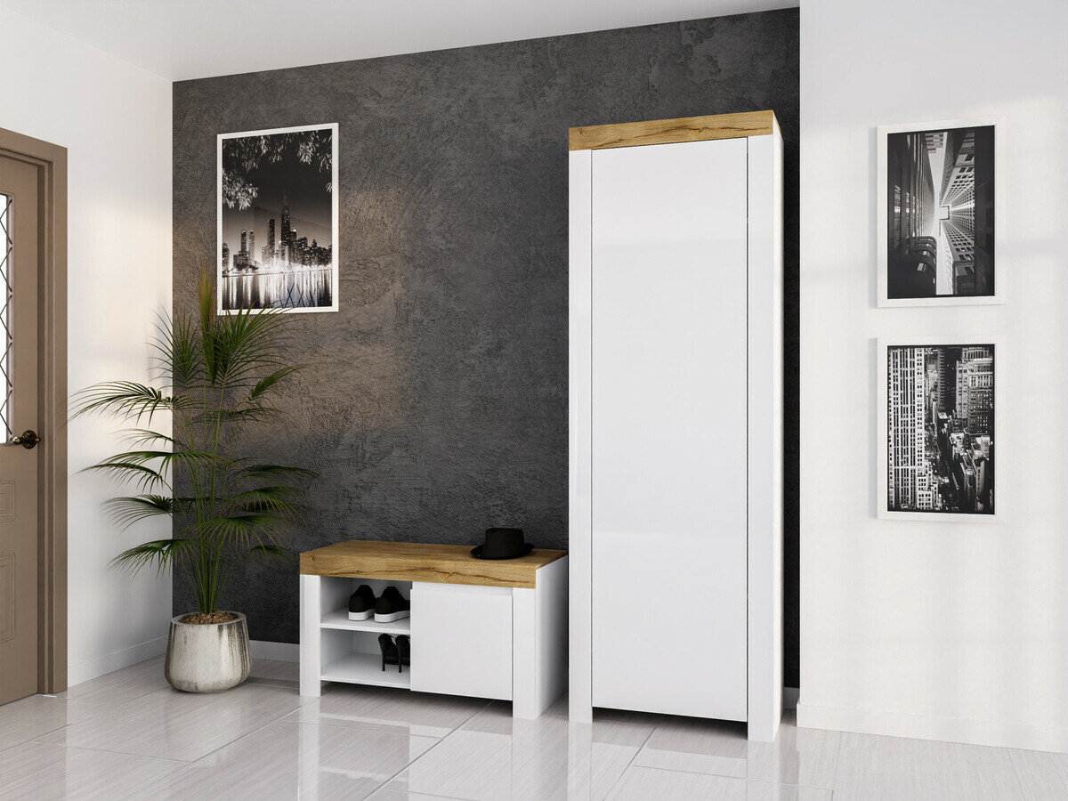 Шкаф за обувки Sonsoru 118 (Бял + Бял гланц + Дъб уотан)