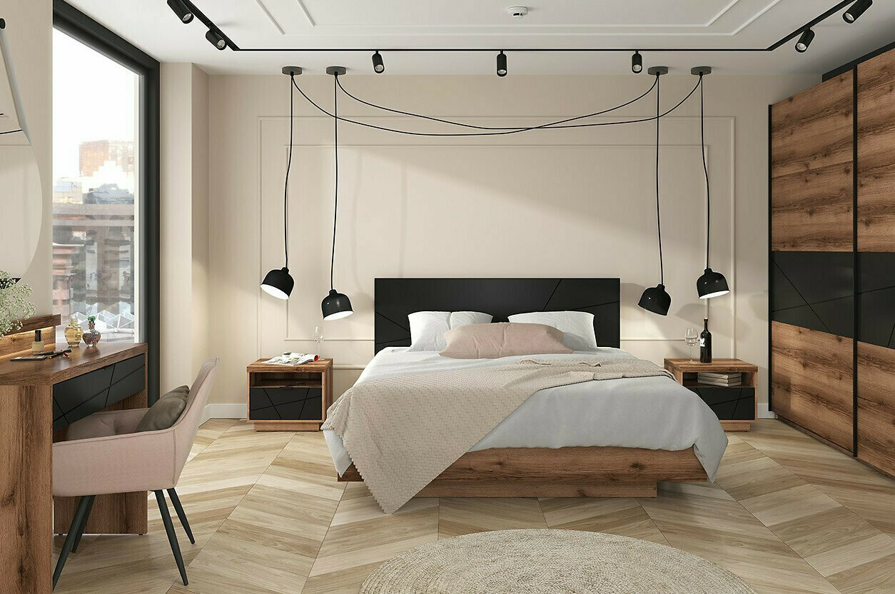 Нощно шкафче Fivale 115 (Тъмен деланов дъб + Черен мат)