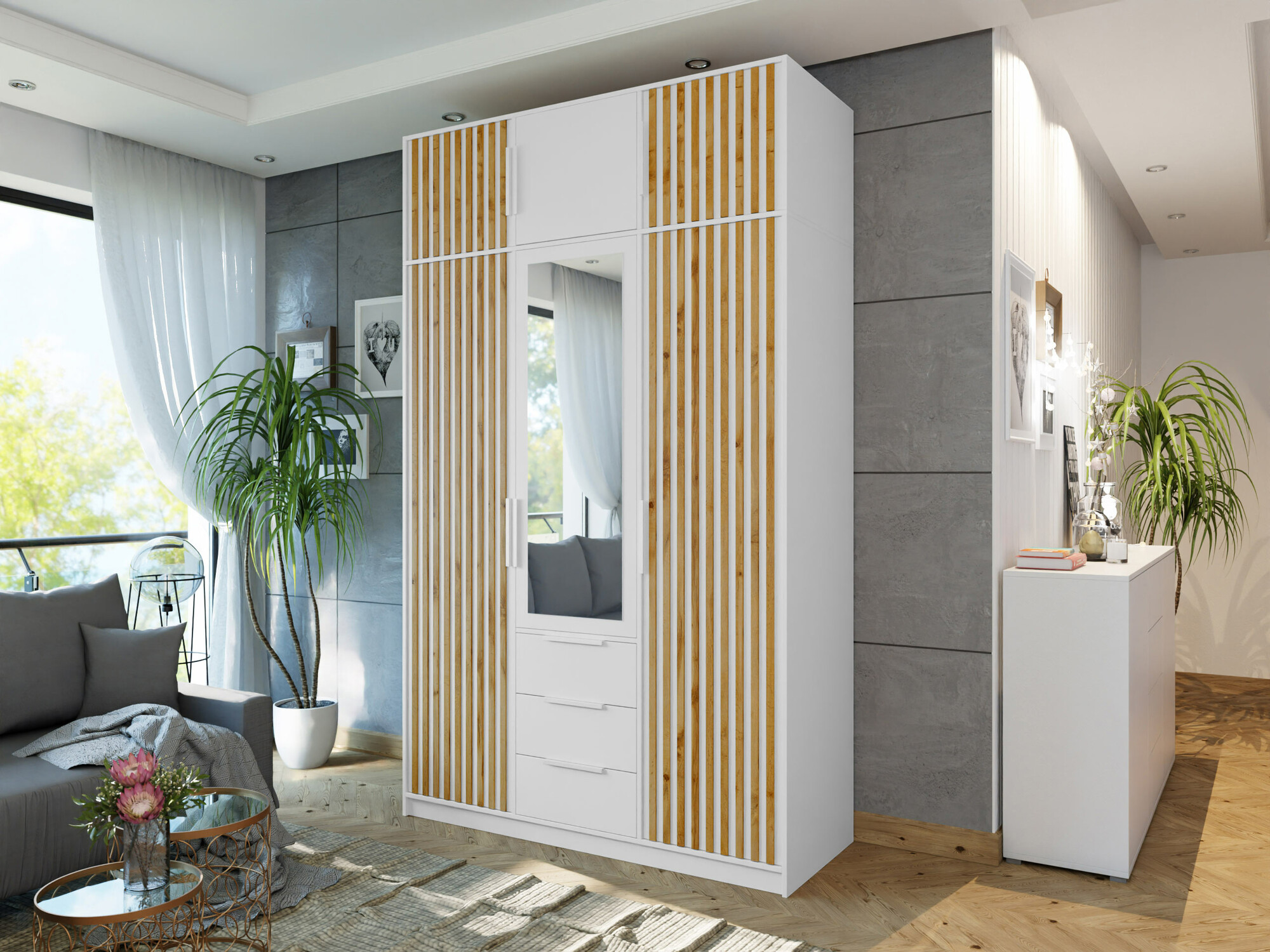 Гардероб Collis I (Бял + Дъб уотан)