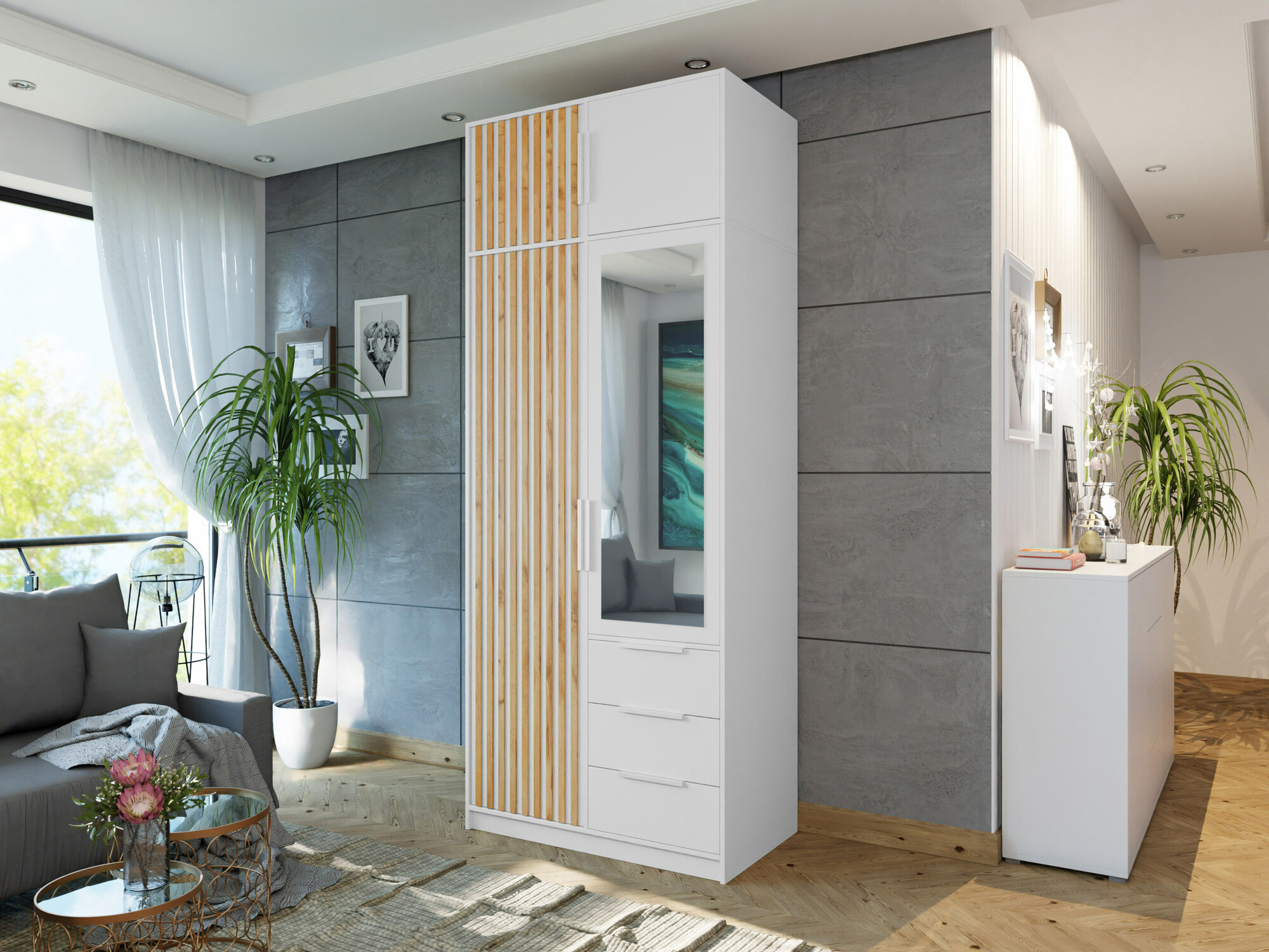 Гардероб Enolevo 104 (Бял + Дъб уотан)