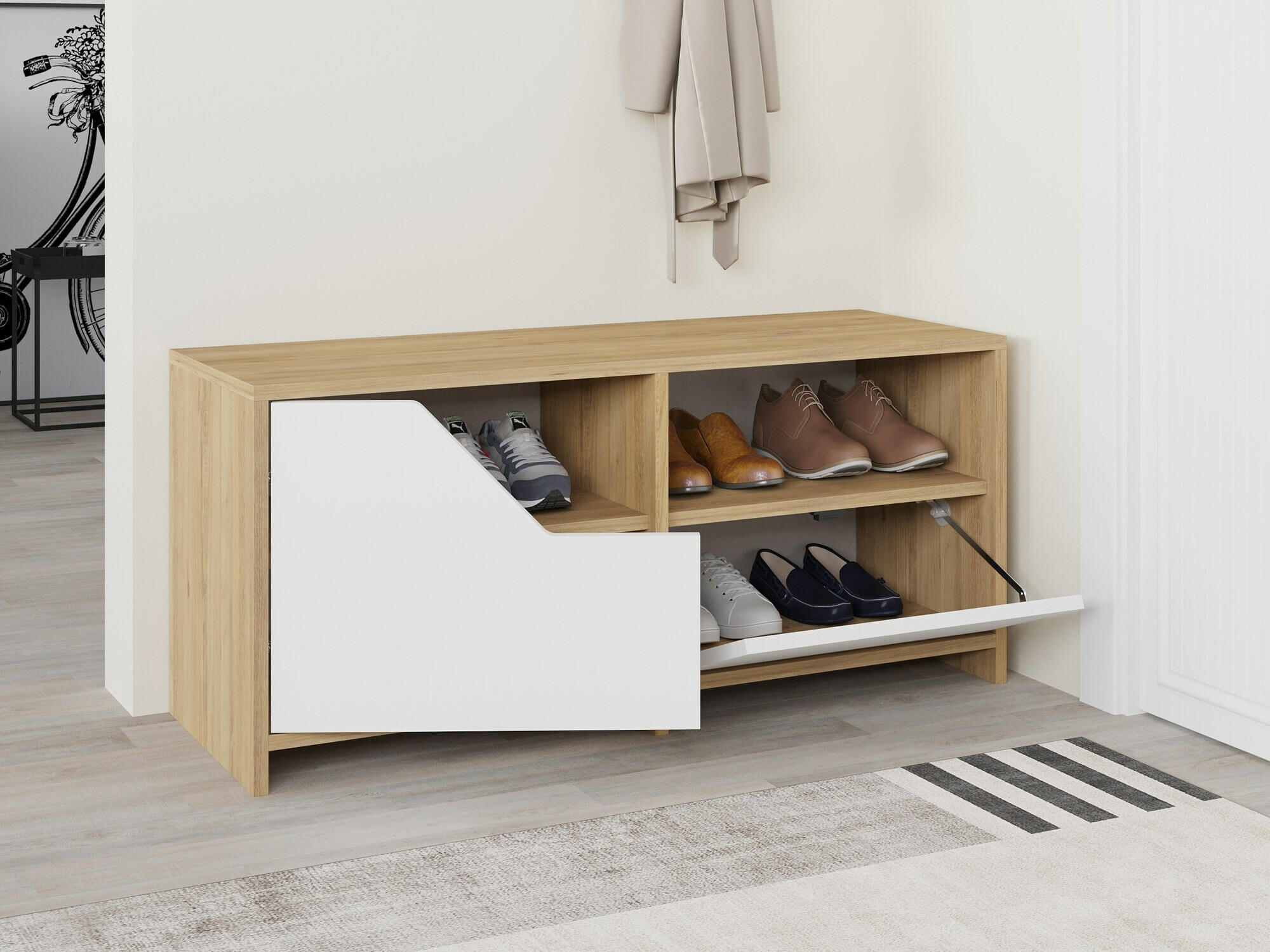 Шкаф за обувки Asheboro 111 (Бял + Дъб)