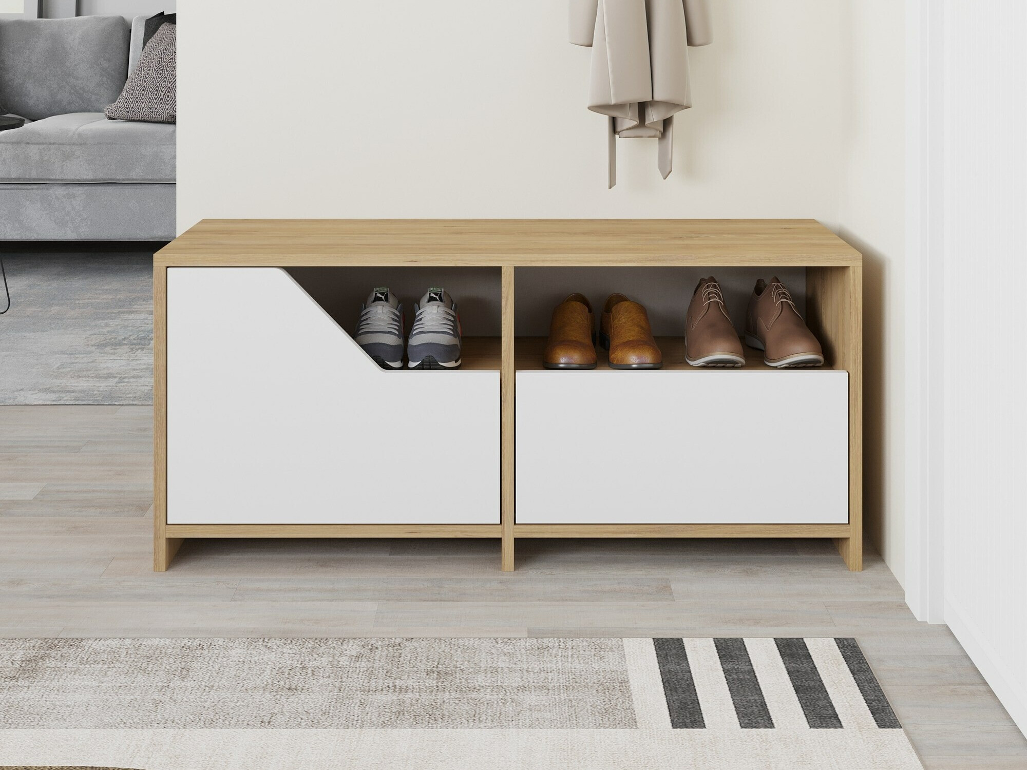 Шкаф за обувки Asheboro 111 (Бял + Дъб)